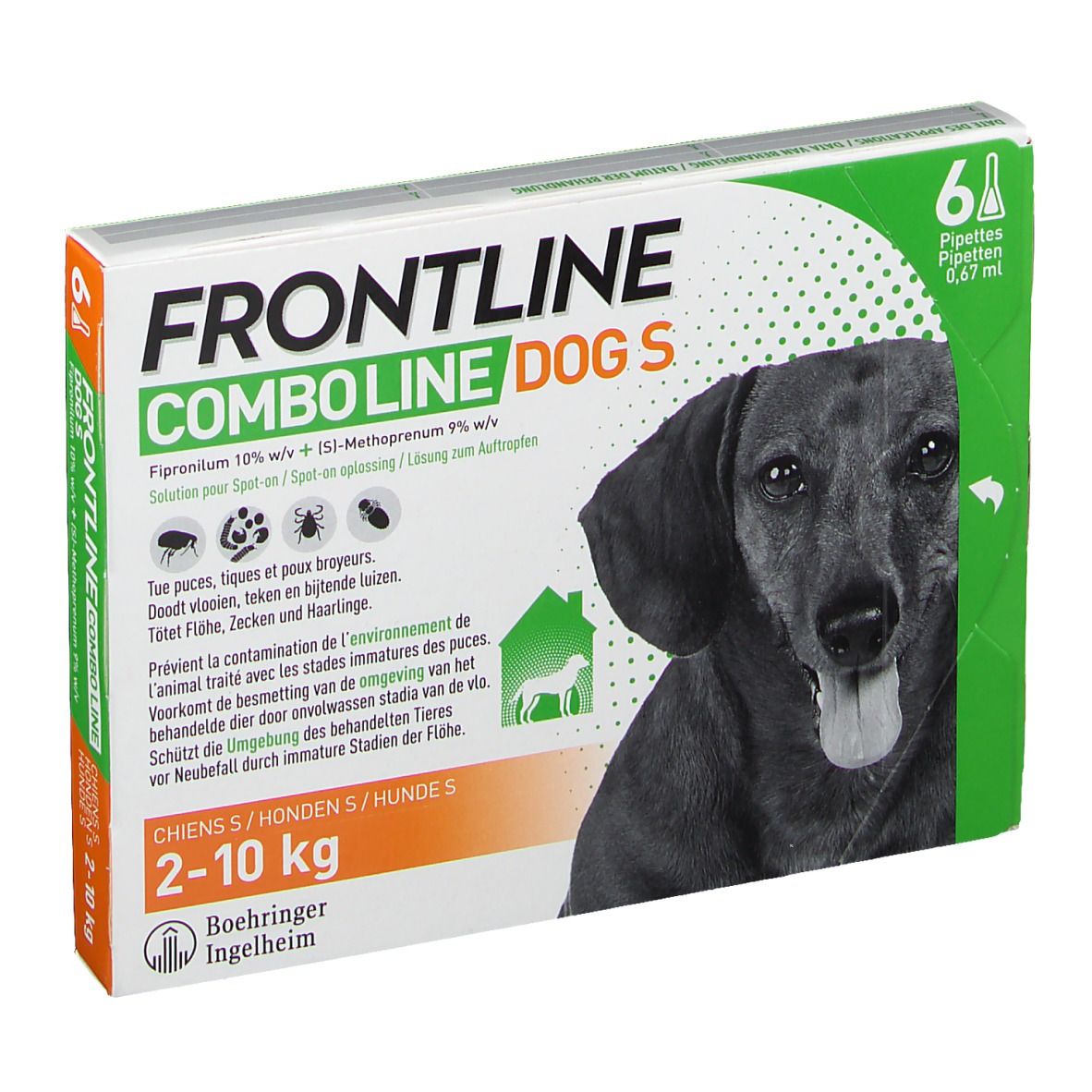 Verpakking FRONTLINE COMBO Line DOG S. Bevat 6 pipetten. Opschrift: 2-10 kg. Afbeelding van een hond.