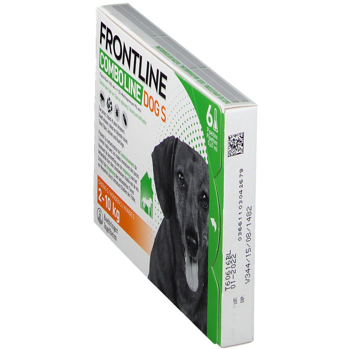 Zijaanzicht van de FRONTLINE COMBO Line DOG S verpakking. Bevat 6 pipetten. Opschrift: 2-10 kg. Hond afbeelding.