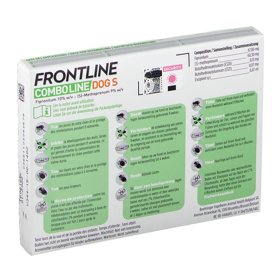 Achterkant van de FRONTLINE COMBO Line DOG S verpakking. Informatie over ingrediënten en gebruik.