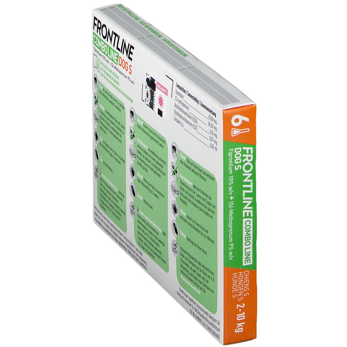 Zijaanzicht van de FRONTLINE COMBO Line DOG S verpakking. Informatie en logo's.