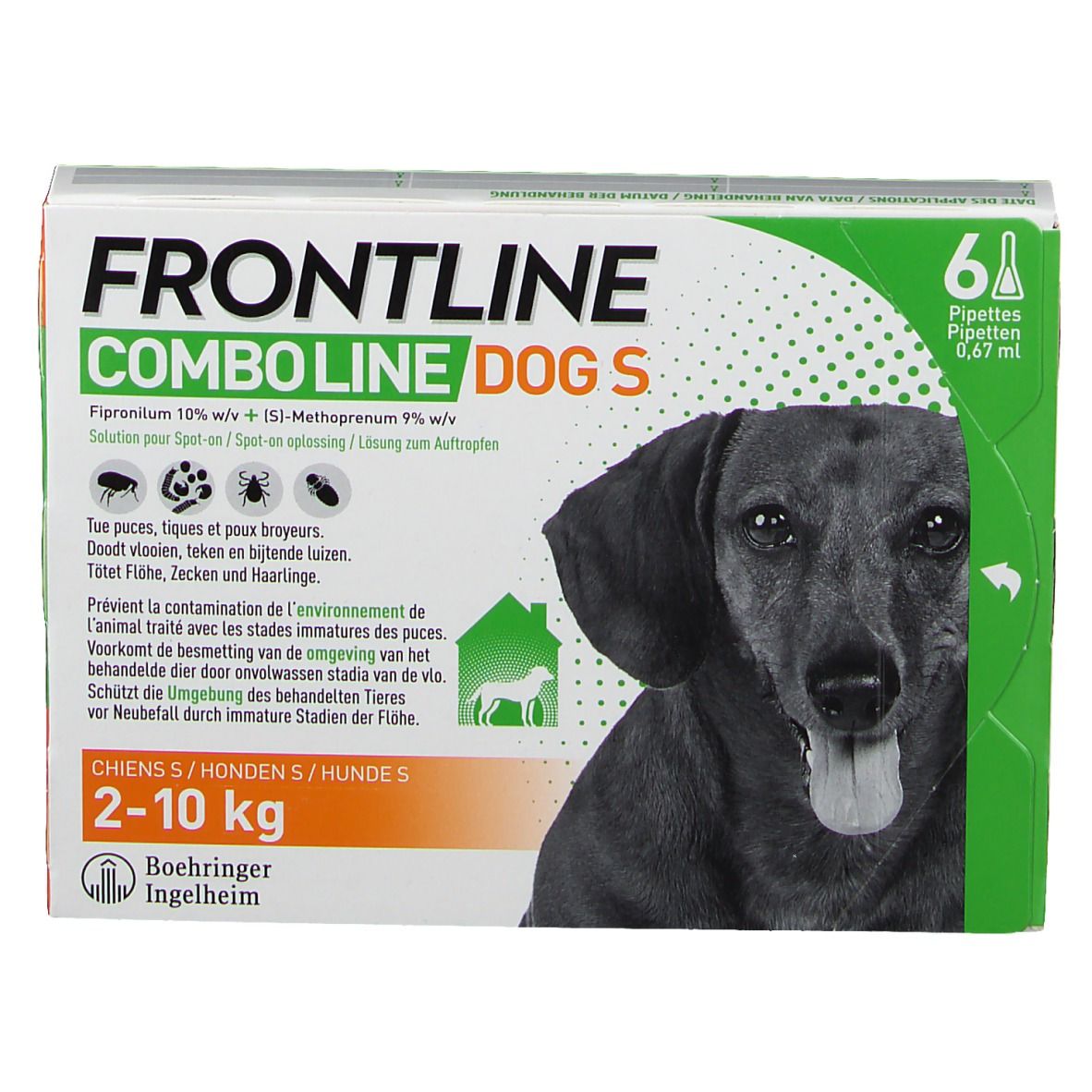 FRONTLINE COMBO Line DOG S verpakking. Bevat 6 pipetten. Opschrift: 2-10 kg. Hond afbeelding.