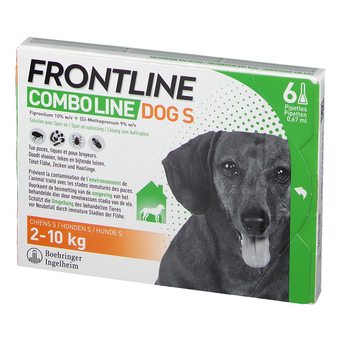 FRONTLINE COMBO Line DOG S verpakking. Bevat 6 pipetten. Opschrift: 2-10 kg. Hond afbeelding.