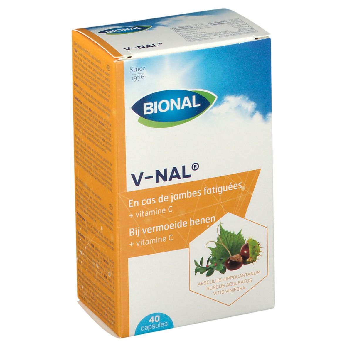 Doosje Bional V-NAL capsules. Opschrift: En cas de jambes fatiguées, + vitamine C. 40 capsules. Logo Bional.