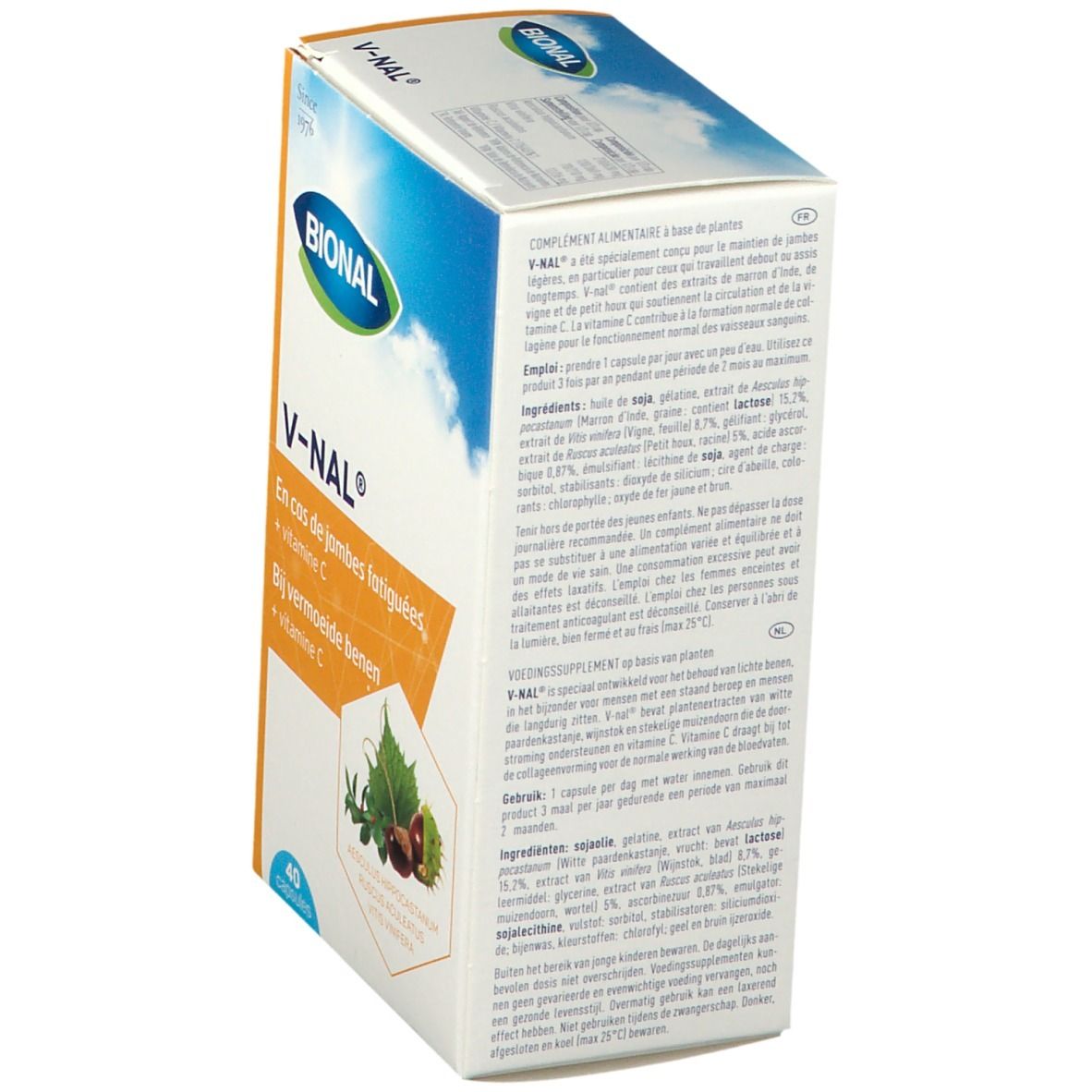 Bional V-NAL doosje, schuin van bovenaf. Opschrift: En cas de jambes fatiguées, + vitamine C. 40 capsules. Logo Bional. Tekst op de zijkant.
