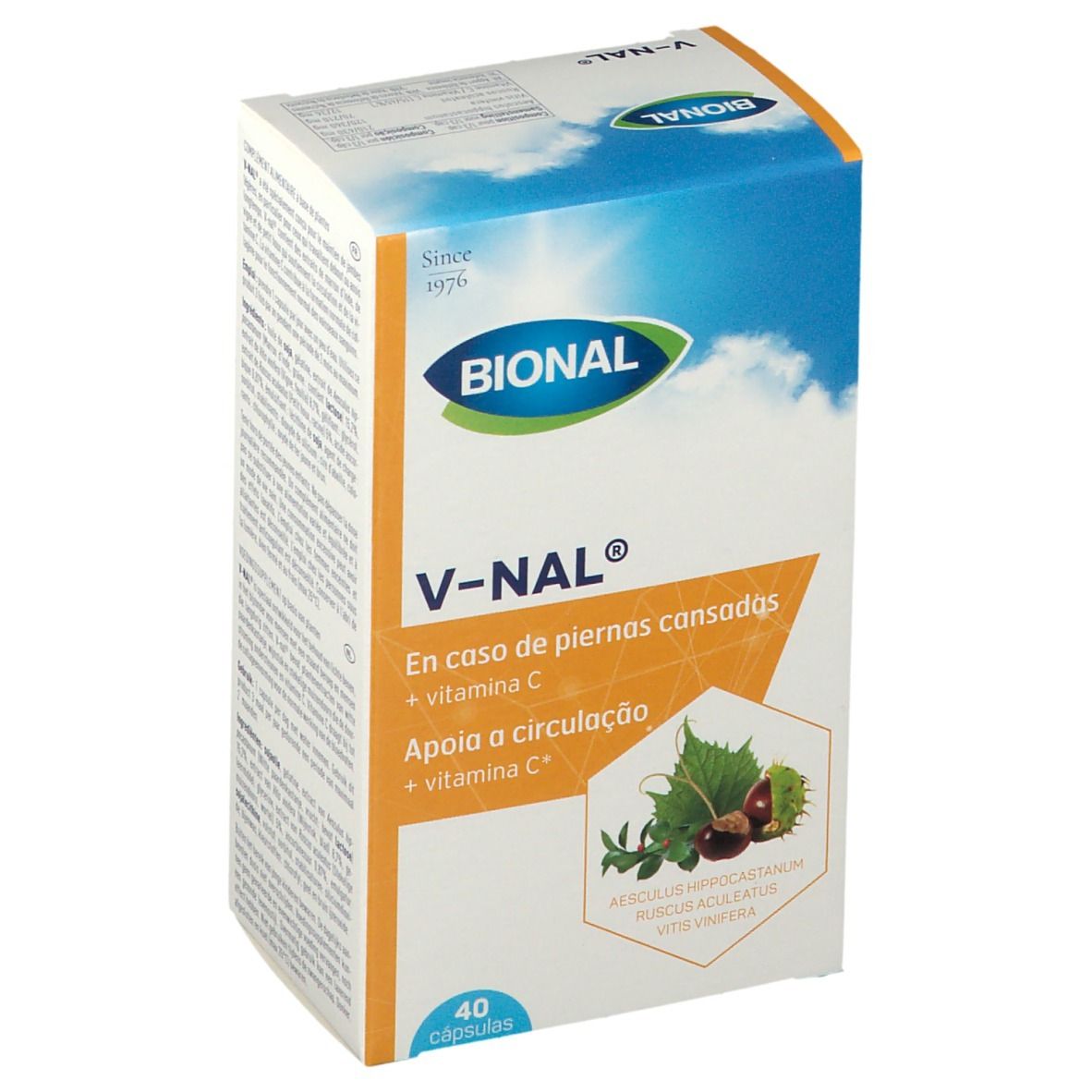 Bional V-NAL doosje. Opschrift: En caso de piernas cansadas, + vitamina C. 40 capsules. Logo Bional. Illustratie van bladeren en kastanjes.