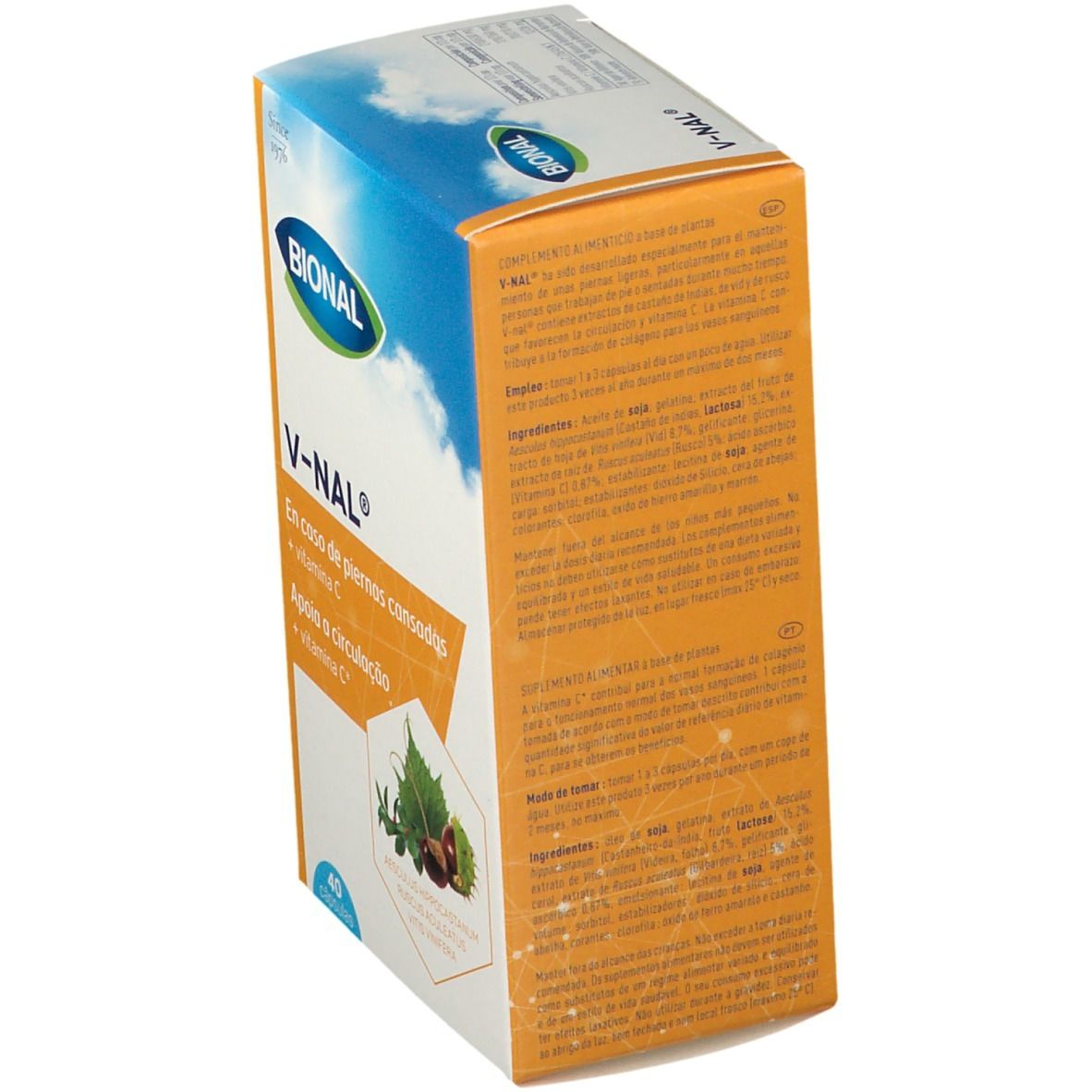 Bional V-NAL doosje, schuin van bovenaf. Opschrift: En caso de piernas cansadas, + vitamina C. 40 capsules. Logo Bional. Tekst op de zijkant.