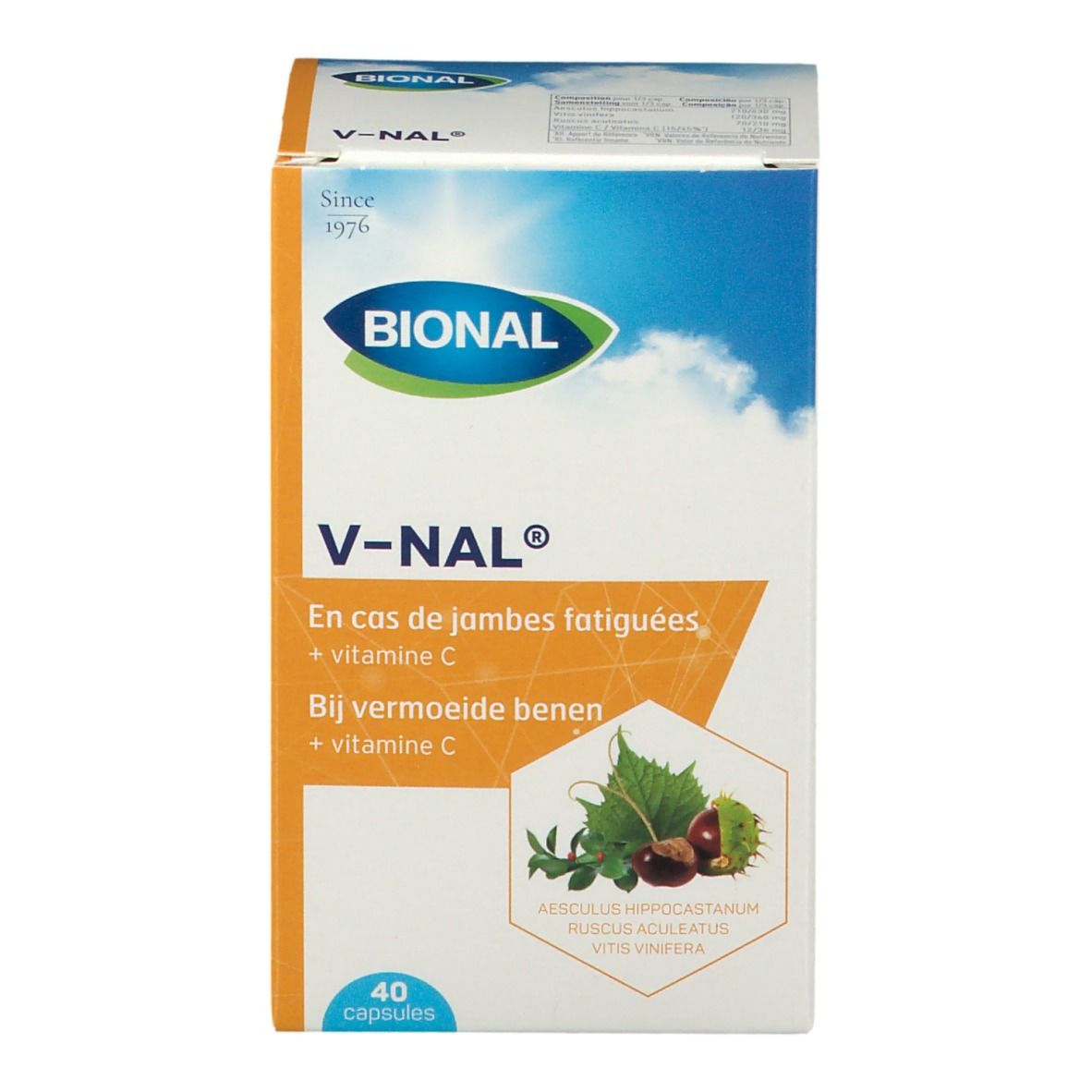 Doosje Bional V-NAL capsules. Opschrift: En cas de jambes fatiguées, + vitamine C. 40 capsules. Logo Bional.
