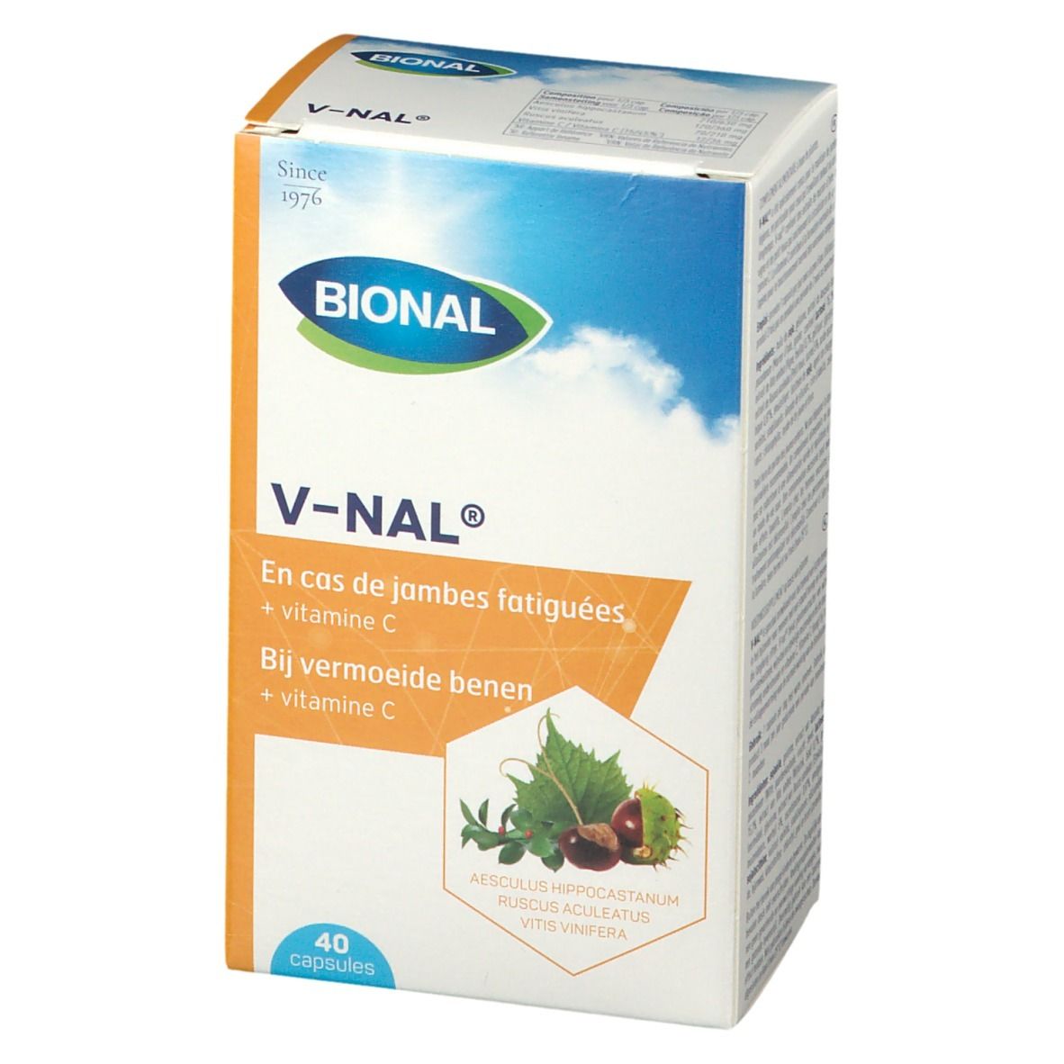 Doosje Bional V-NAL capsules. Opschrift: En cas de jambes fatiguées, + vitamine C. 40 capsules. Logo Bional.