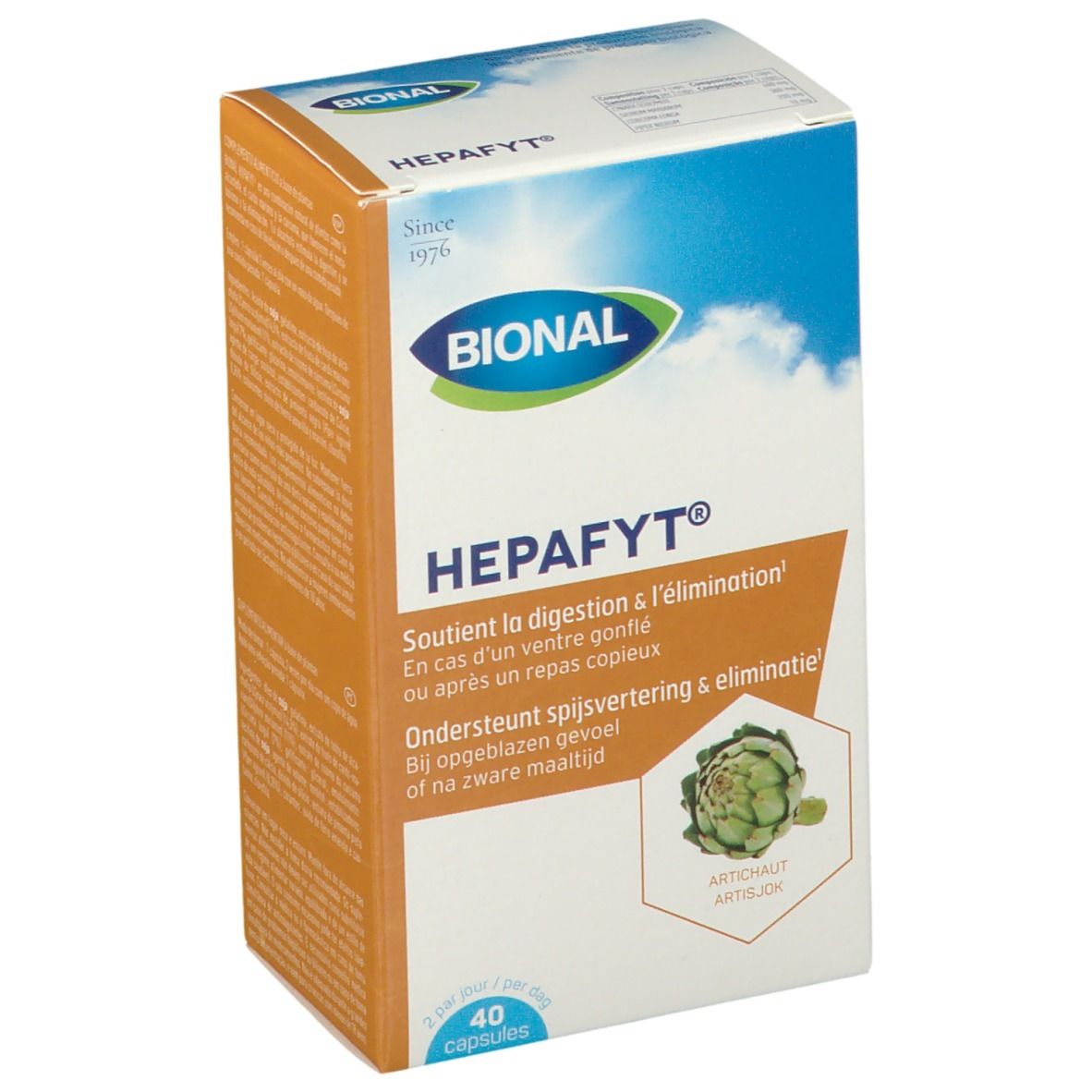 Boîte de Bional Hepafyt en biais. Contient 40 capsules. Inscriptions: Bional, Hepafyt, artichaut. Soutient la digestion.