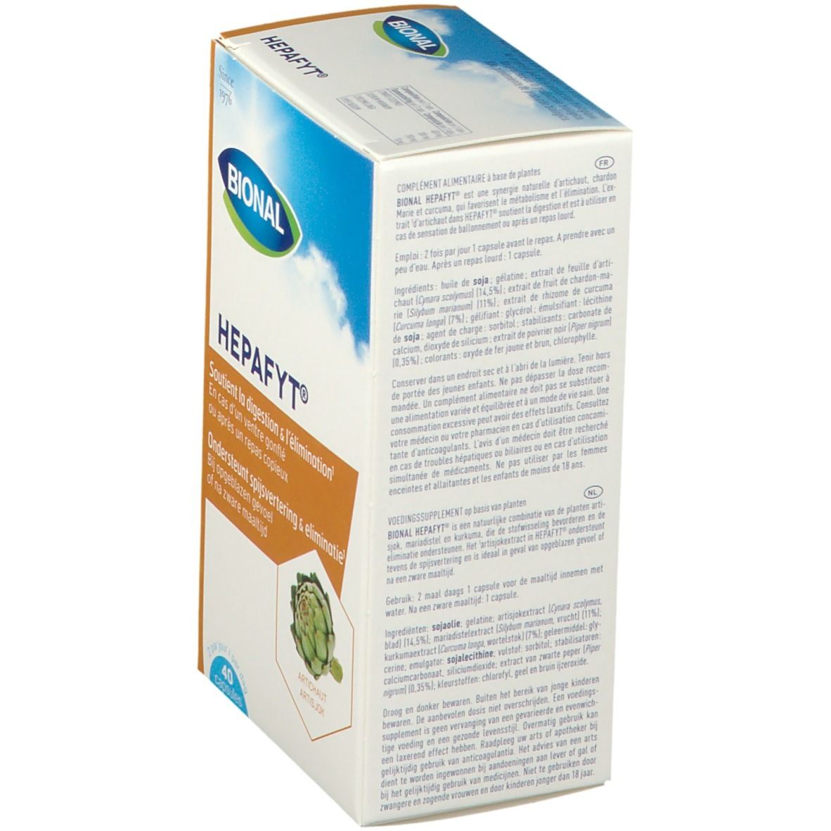 Boîte de Bional Hepafyt en biais, dos avec texte. Contient 40 capsules. Inscriptions: Bional, Hepafyt, artichaut. Soutient la digestion.