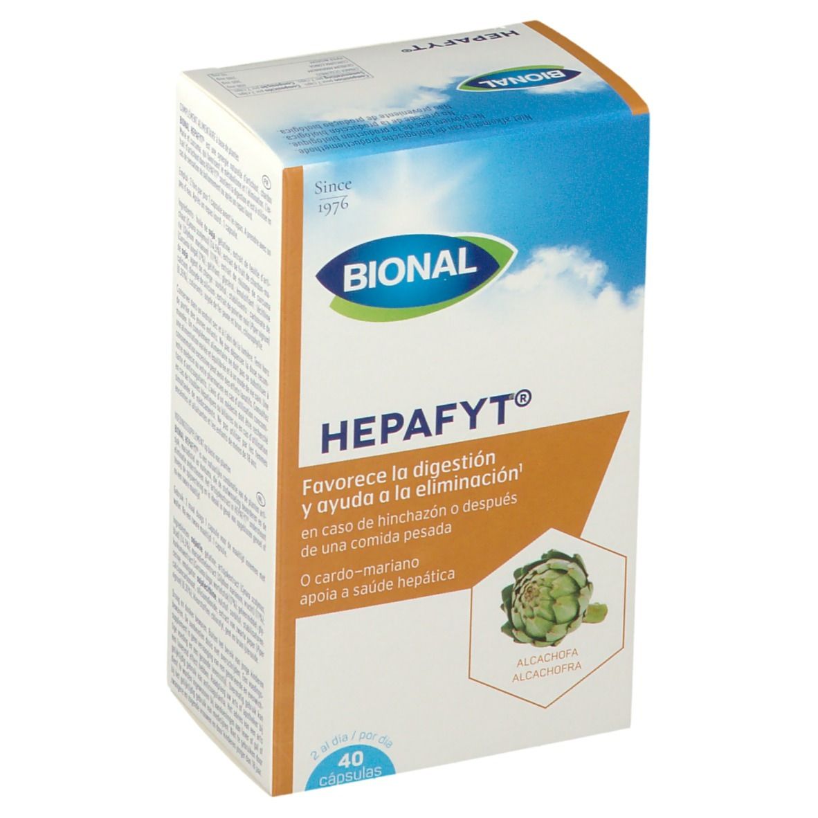 Boîte de Bional Hepafyt. Contient 40 capsules. Inscriptions: Bional, Hepafyt, artichaut. Soutient la digestion.