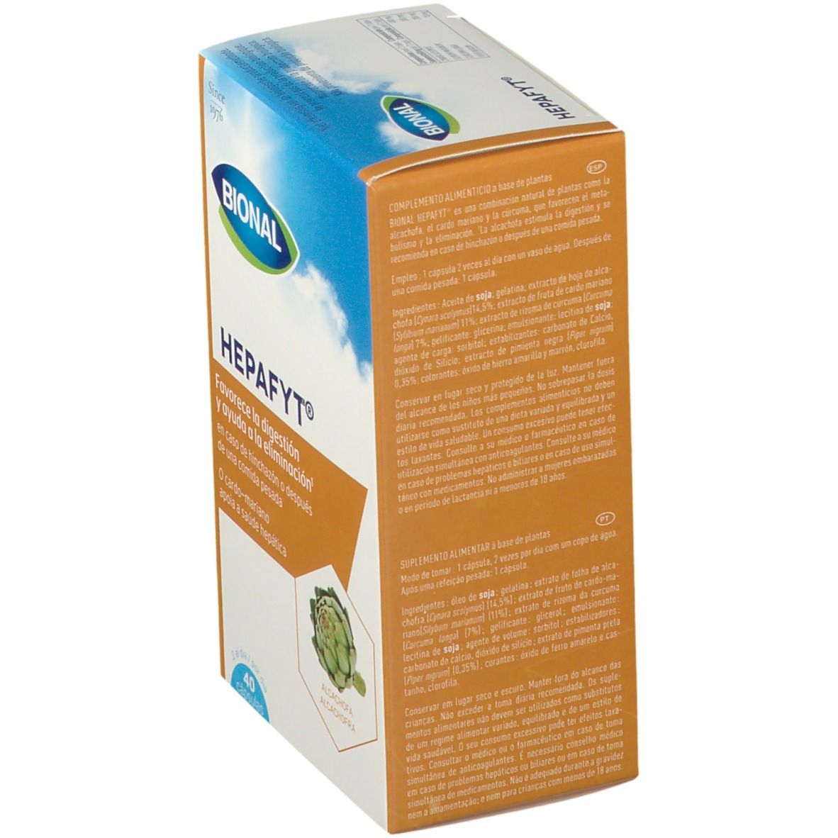 Boîte de Bional Hepafyt en biais. Contient 40 capsules. Inscriptions: Bional, Hepafyt, artichaut. Soutient la digestion.