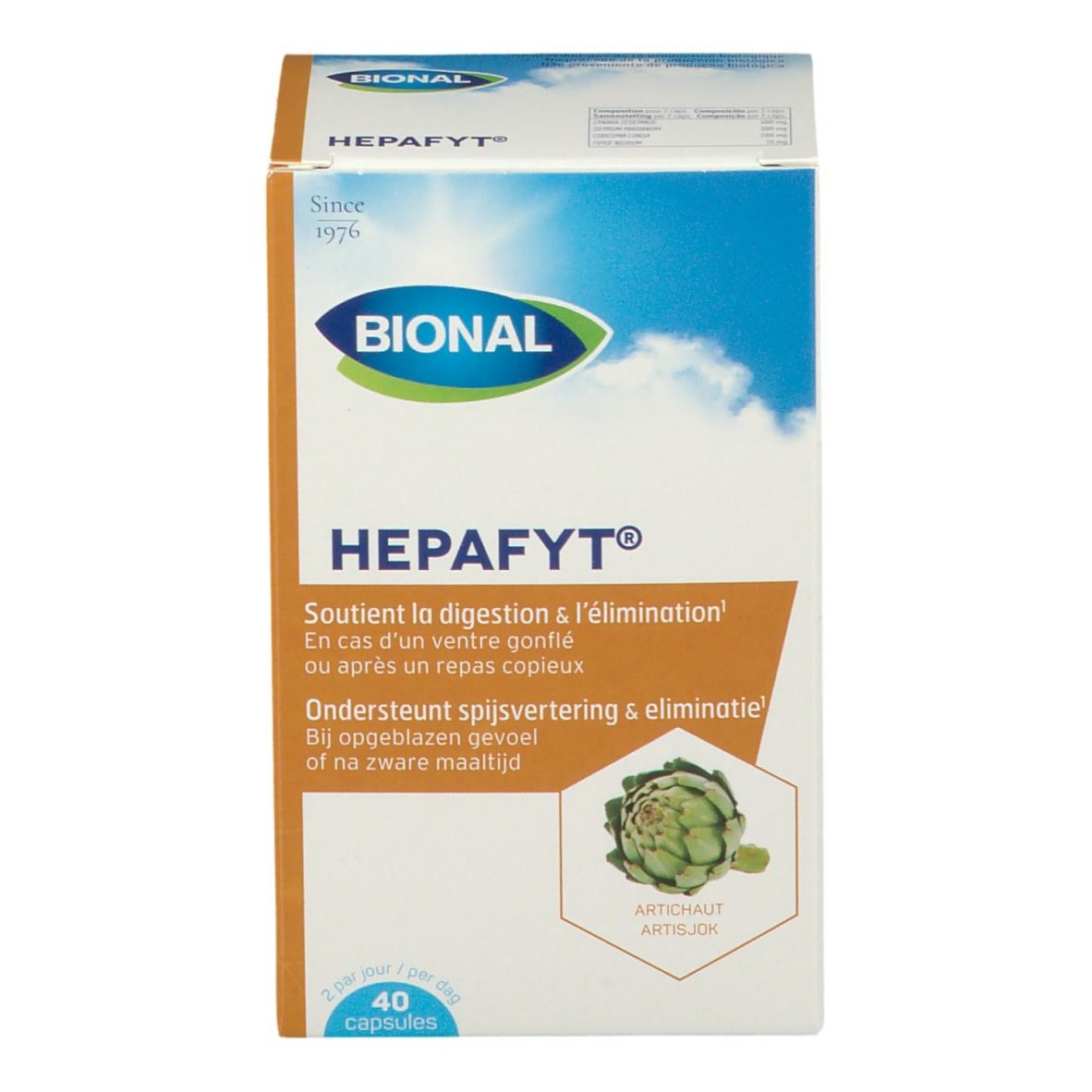 Boîte de Bional Hepafyt en biais, dos avec texte. Contient 40 capsules. Inscriptions: Bional, Hepafyt, artichaut. Soutient la digestion.