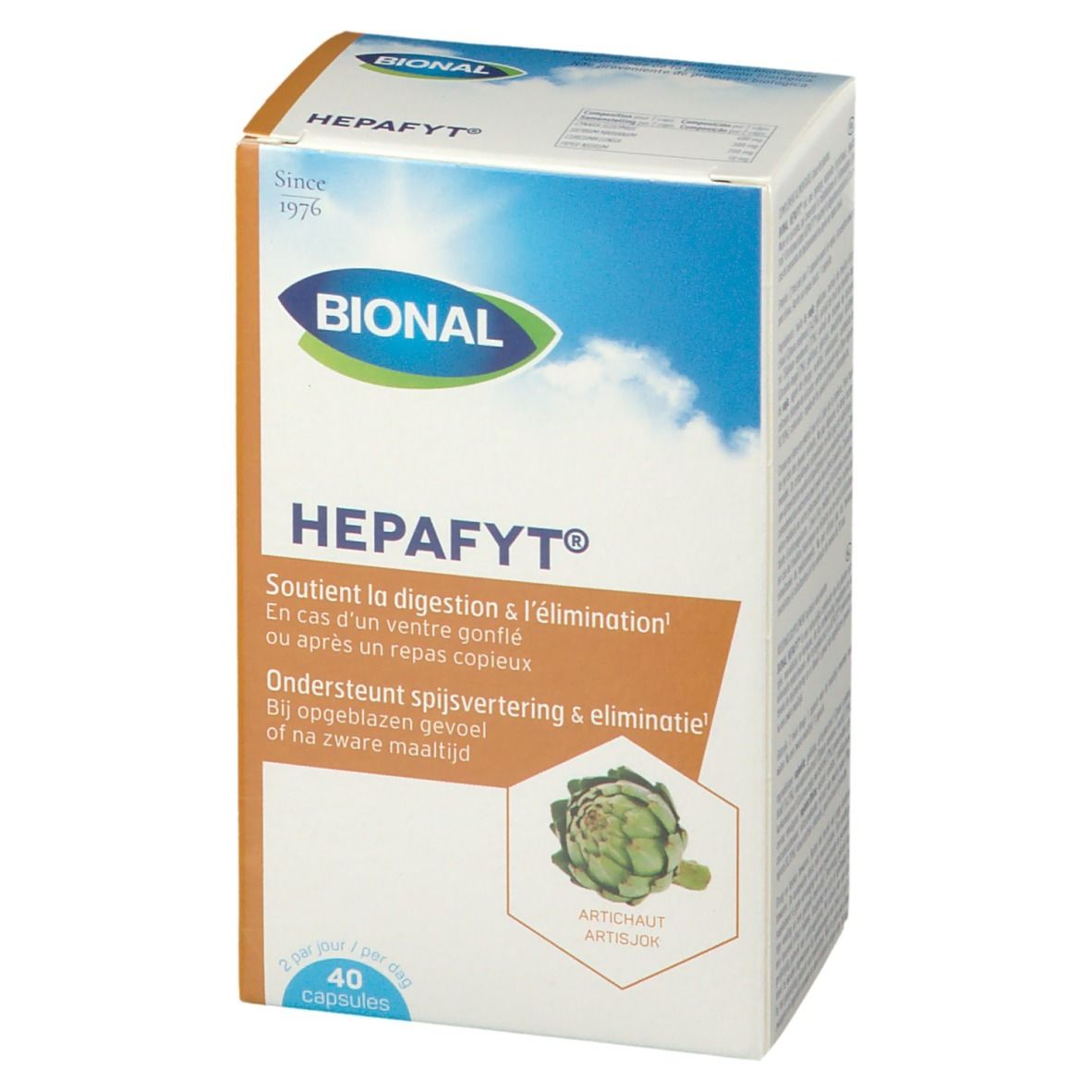 Boîte de Bional Hepafyt. Contient 40 capsules. Inscriptions: Bional, Hepafyt, artichaut. Soutient la digestion.