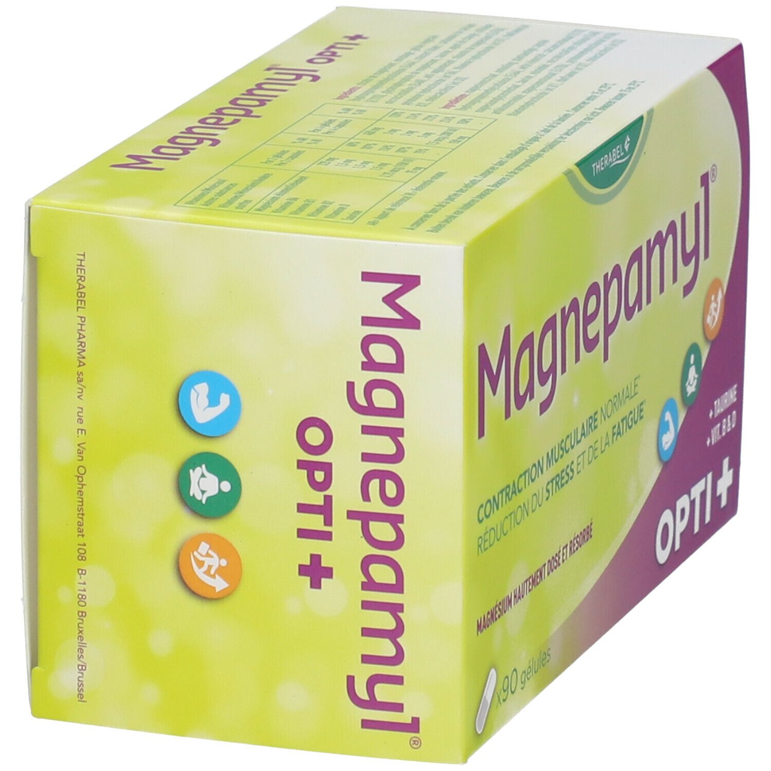 Schuine doos Magnepamyl Opti+. Opschrift: Spiercontractie, vermindering van stress en vermoeidheid. Bevat taurine, vitamine B & D. 90 capsules.