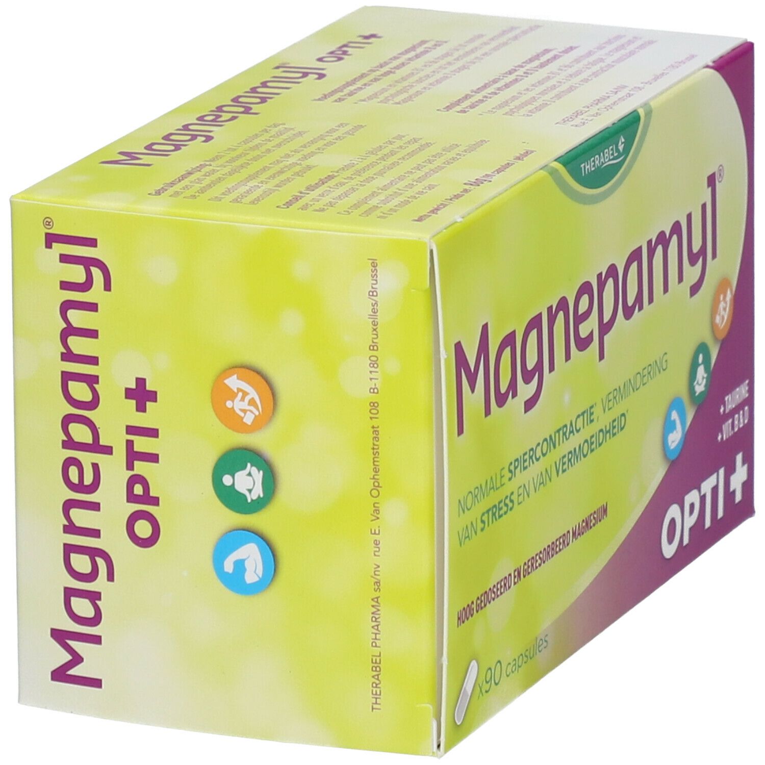 Schuine doos Magnepamyl Opti+ met 90 capsules. Opschrift: Normale spiercontractie, vermindering van stress en vermoeidheid. Bevat taurine, vitamine B & D.