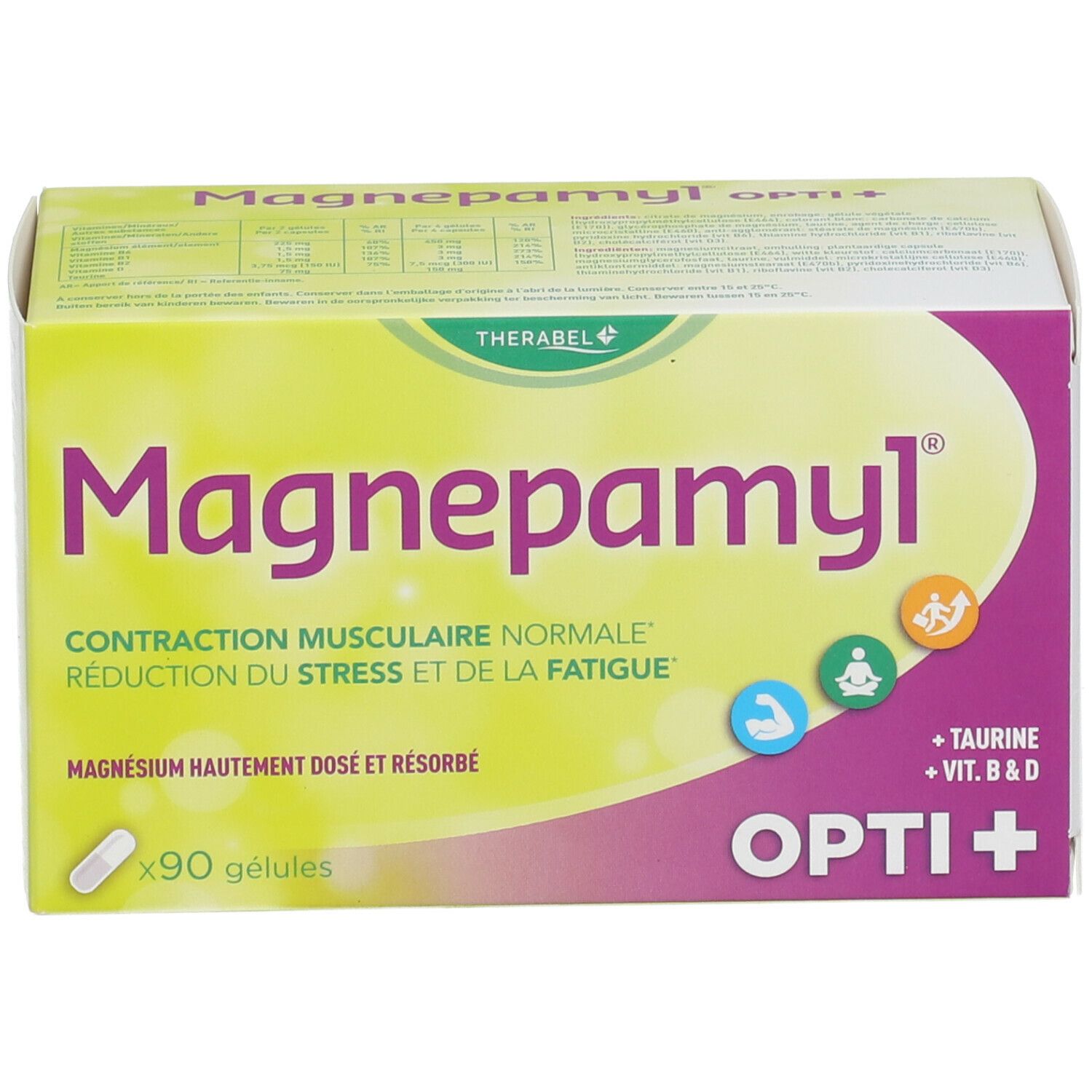 Doos Magnepamyl Opti+ met 90 capsules. Opschrift: Spiercontractie, vermindering van stress en vermoeidheid. Bevat taurine, vitamine B & D.