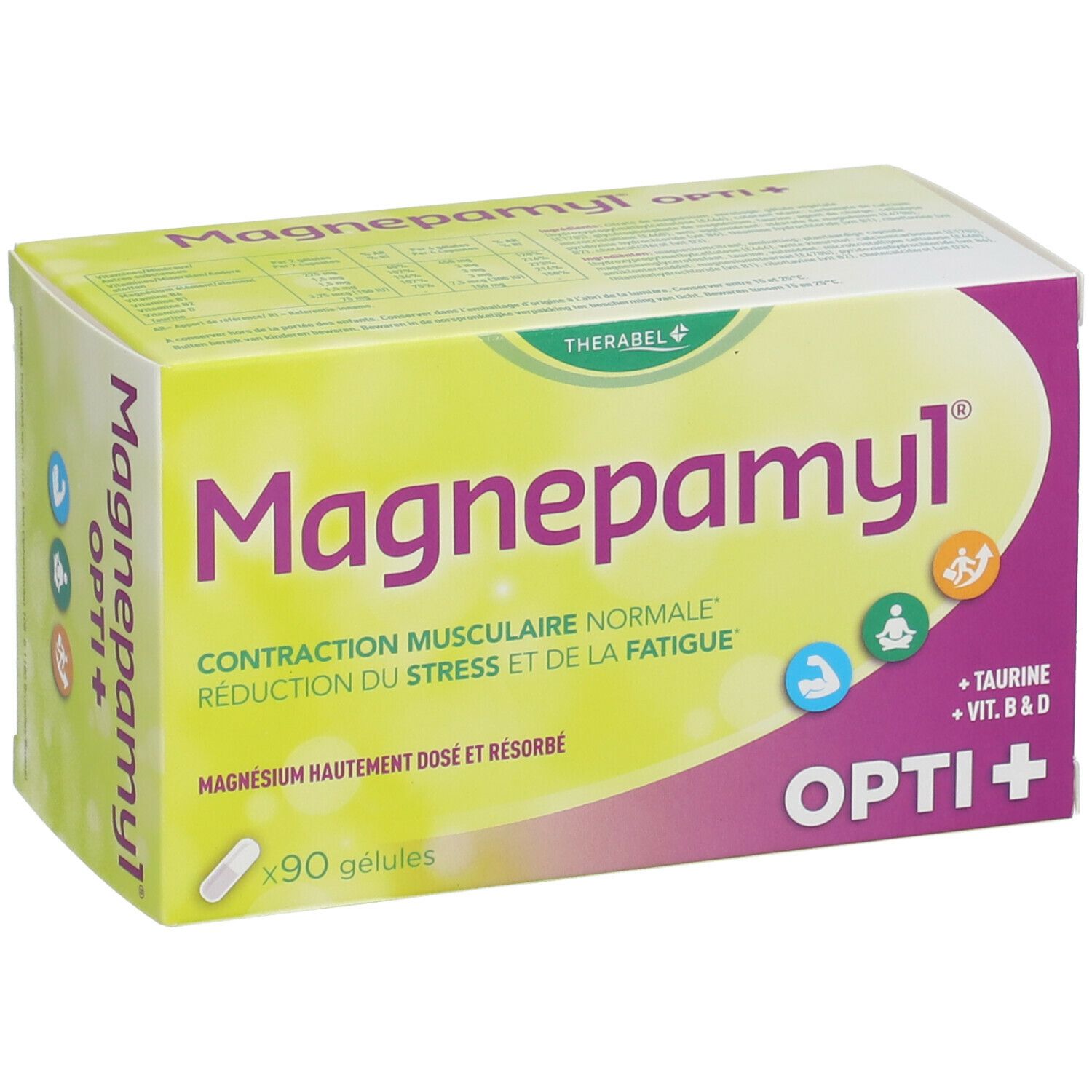 Schuine doos Magnepamyl Opti+ met 90 capsules. Opschrift: Spiercontractie, vermindering van stress en vermoeidheid. Bevat taurine, vitamine B & D.