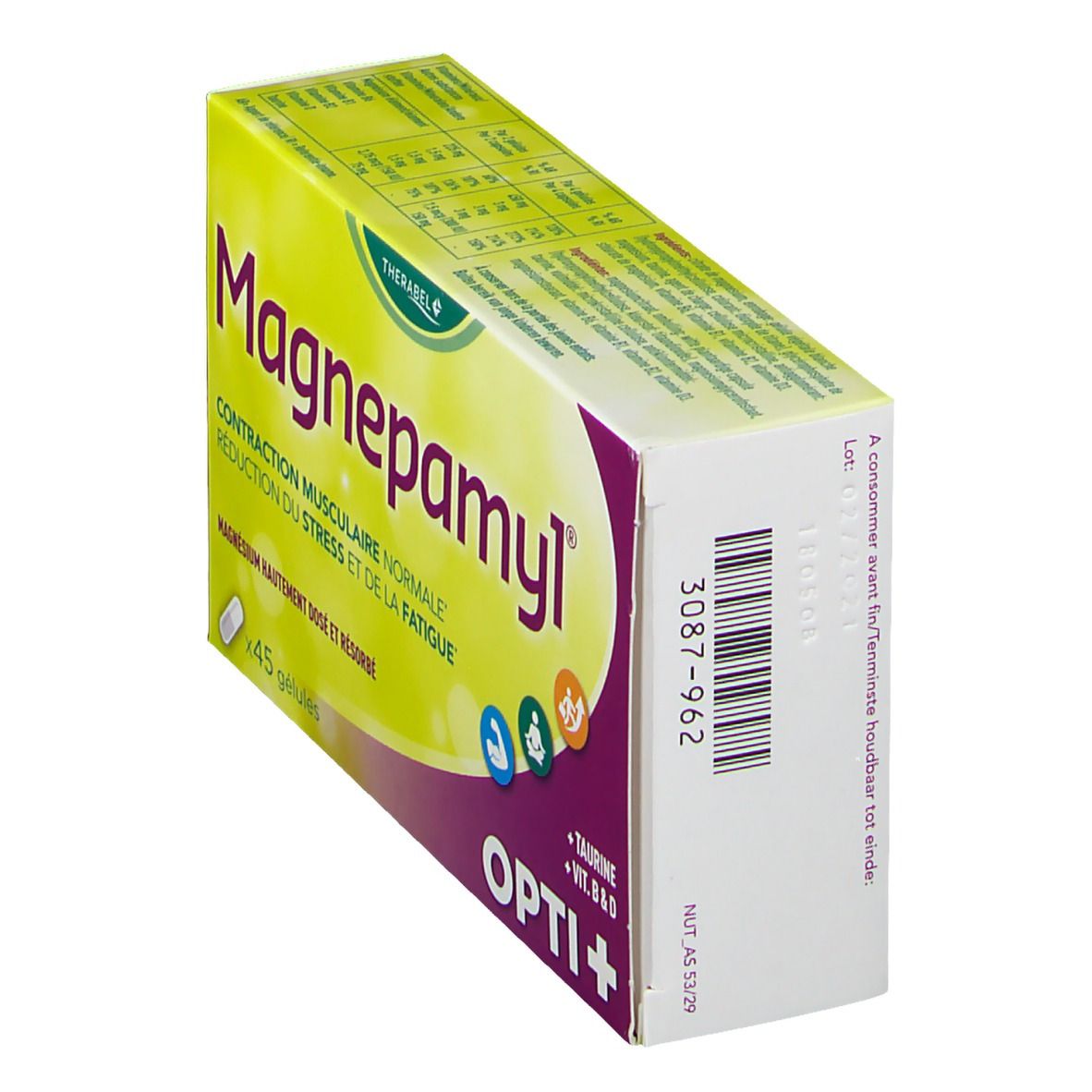 Boîte Magnepamyl Opti+ vue de dessus en biais. Jaune et violet. Contient 45 gélules. Texte: Contraction musculaire normale, réduction du stress et de la fatigue. Code-barres.