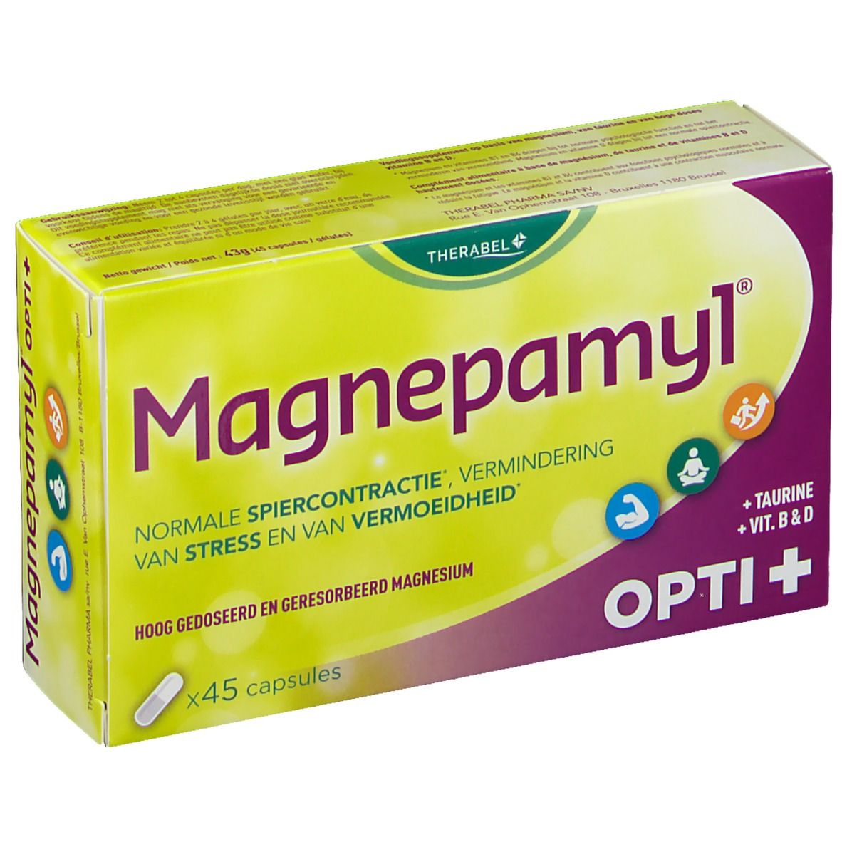 Boîte de Magnepamyl Opti+. Écriture violette, fond jaune. Contient 45 capsules. Texte: Normale spiercontractie, vermindering van stress en vermoeidheid.