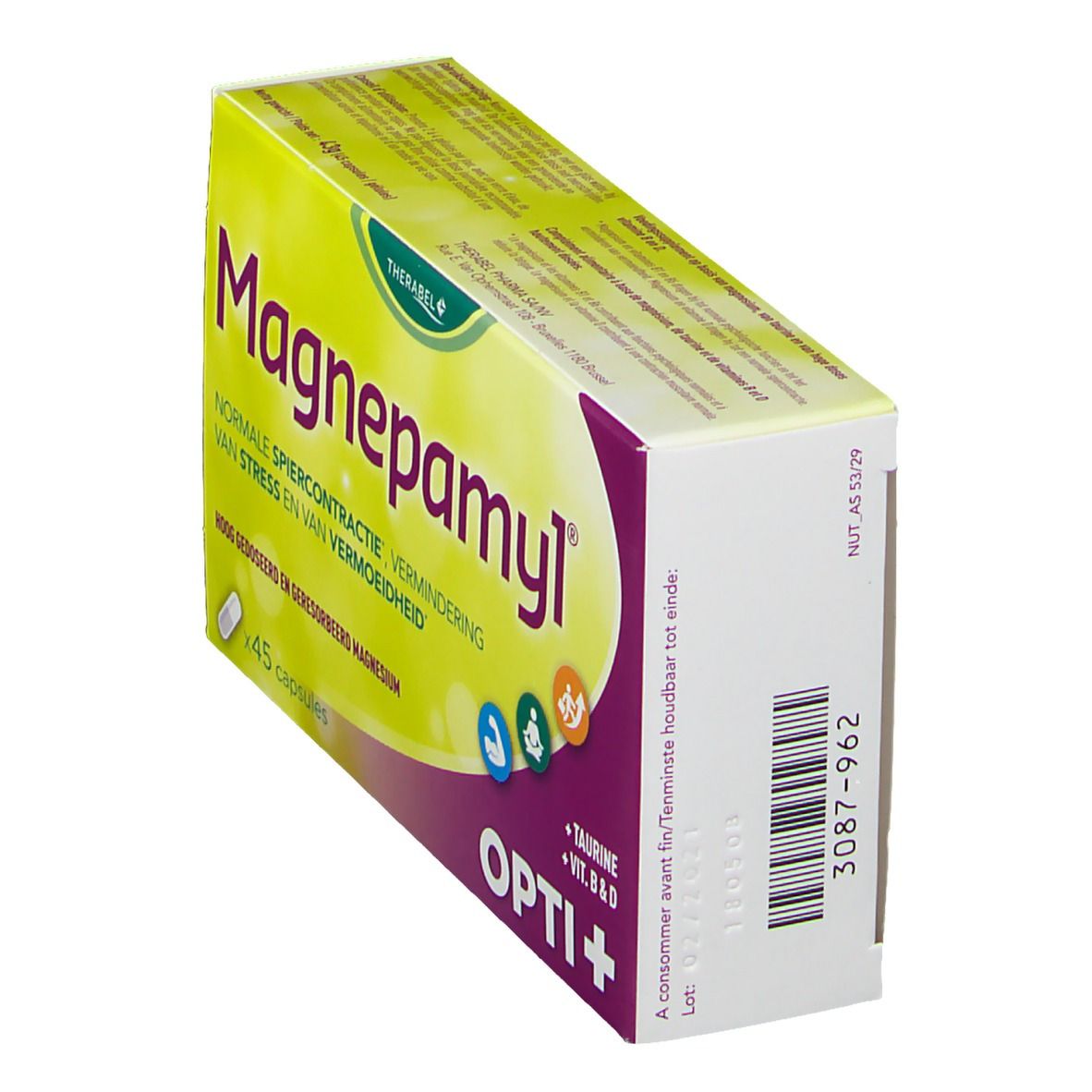 Boîte Magnepamyl Opti+ vue de dessus en biais. Jaune et violet. Contient 45 capsules. Texte: Normale spiercontractie, vermindering van stress en vermoeidheid. Code-barres.