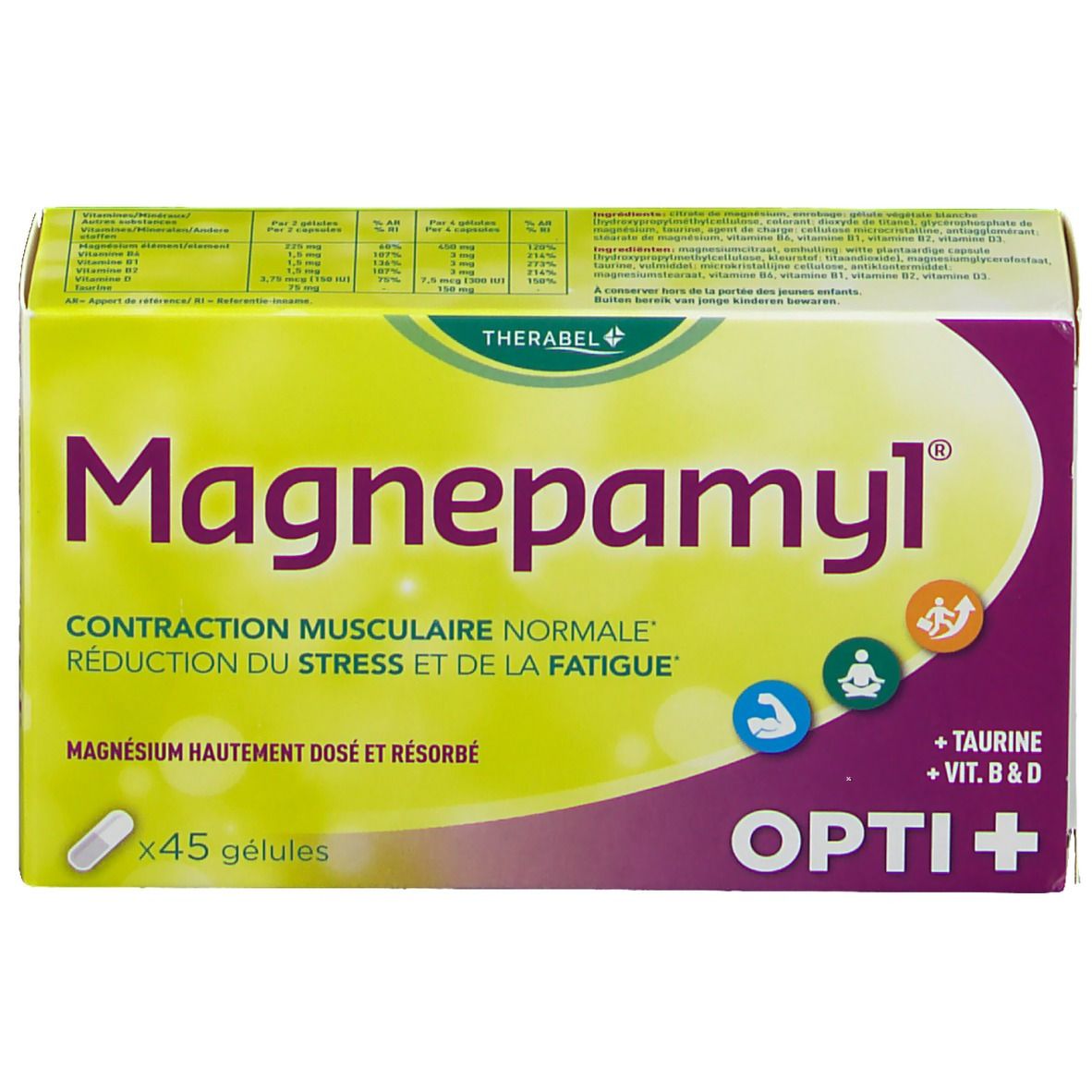 Boîte Magnepamyl Opti+. Jaune et violet. Contient 45 gélules. Texte: Contraction musculaire normale, réduction du stress et de la fatigue. Vitamines.