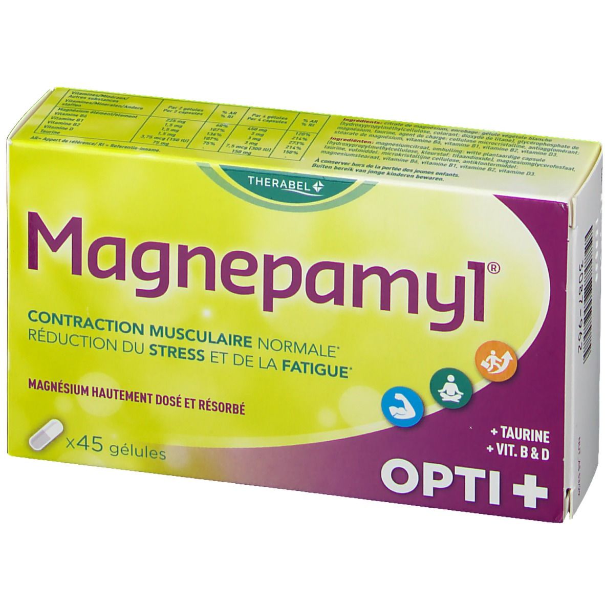 Boîte Magnepamyl Opti+. Jaune et violet. Contient 45 gélules. Texte: Contraction musculaire normale, réduction du stress et de la fatigue. Vitamines.