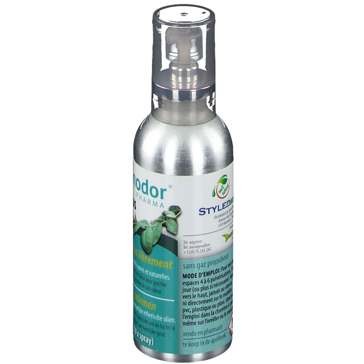 Flacon spray argenté avec bouchon transparent. Étiquette avec texte et logo. Dos avec texte en néerlandais.