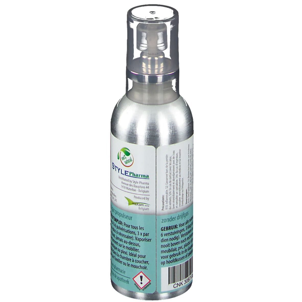 Flacon spray argenté avec bouchon transparent. Étiquette avec texte et logo. Dos avec texte en néerlandais.