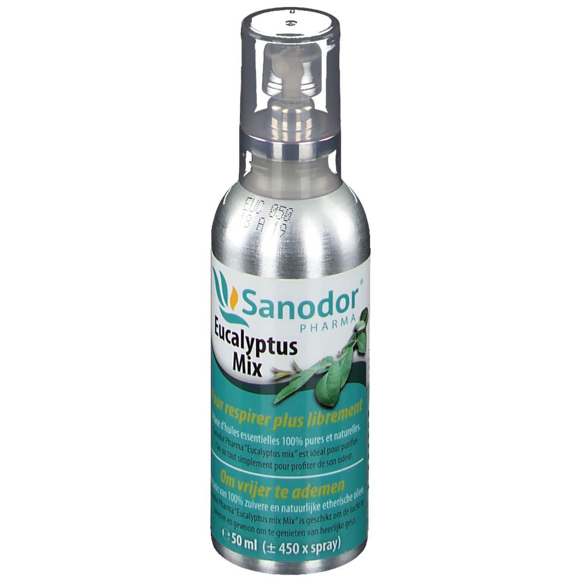 Flacon spray argenté avec bouchon transparent. Étiquette avec nom du produit et logo. Texte en français et néerlandais.