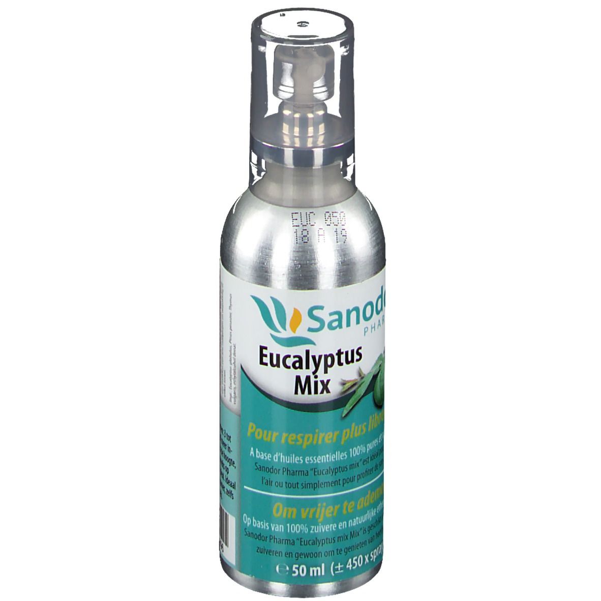 Flacon spray argenté avec bouchon transparent. Étiquette avec nom du produit et logo. Texte en français et néerlandais.