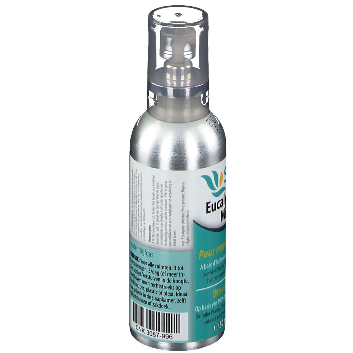 Flacon spray argenté avec bouchon transparent. Étiquette avec texte et logo. Dos avec texte en néerlandais.