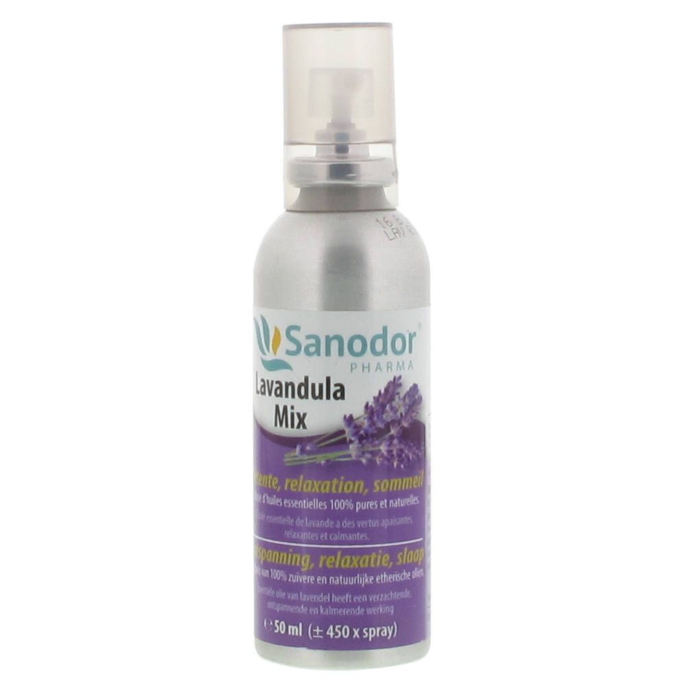 Flacon de Sanodor Lavandula Mix. Flacon pulvérisateur argenté avec étiquette violette et illustration de lavande. Texte multilingue.