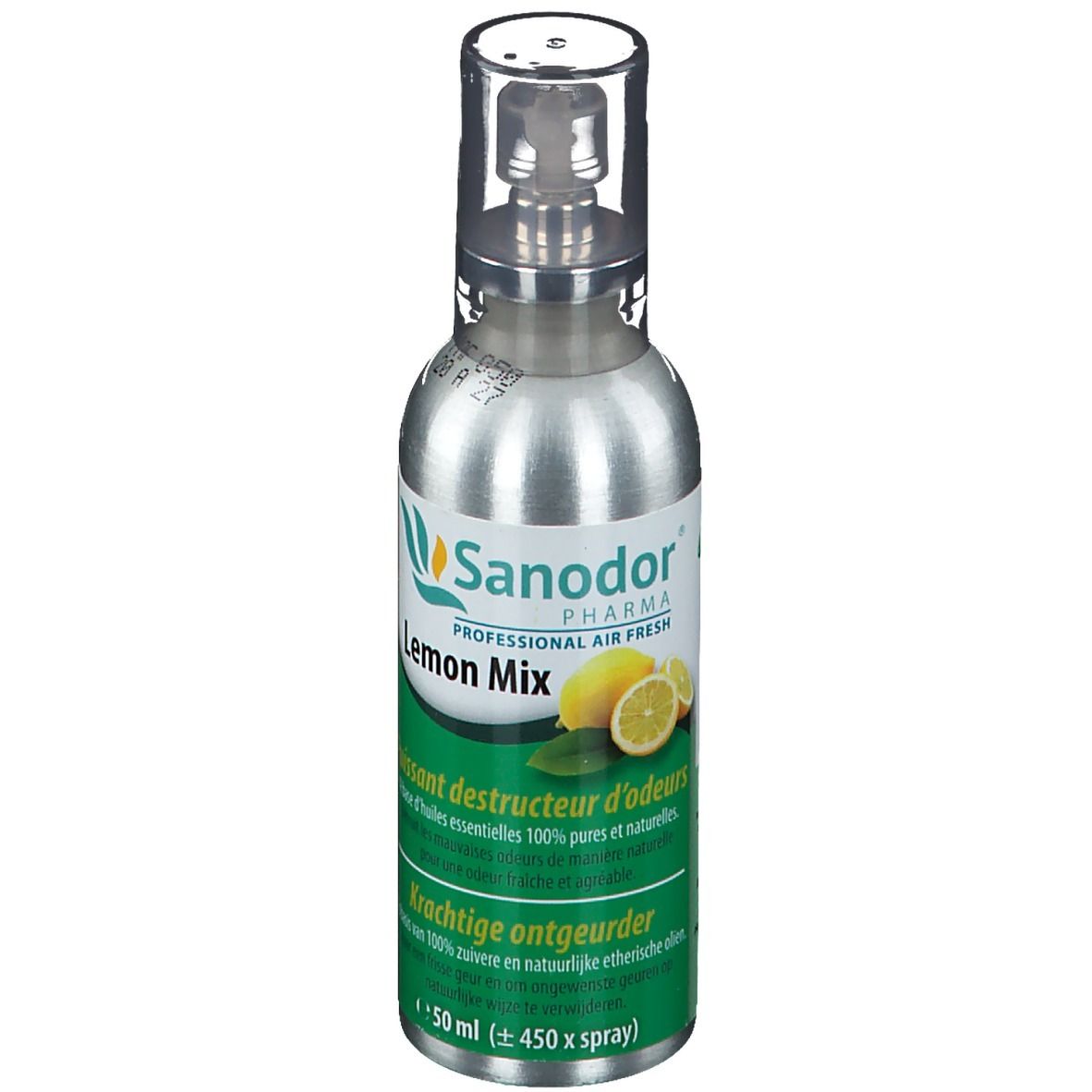 Flacon spray argenté Sanodor Zitronen-Mix avec étiquette verte. Illustration de citron et texte.
