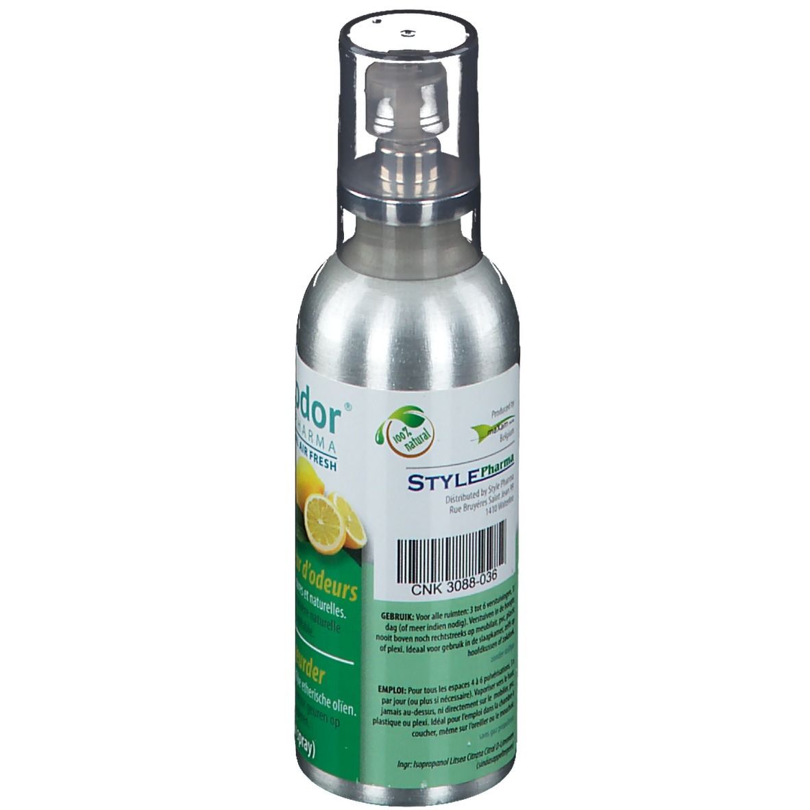 Flacon spray argenté Sanodor Zitronen-Mix avec étiquette verte. Texte et code-barres.