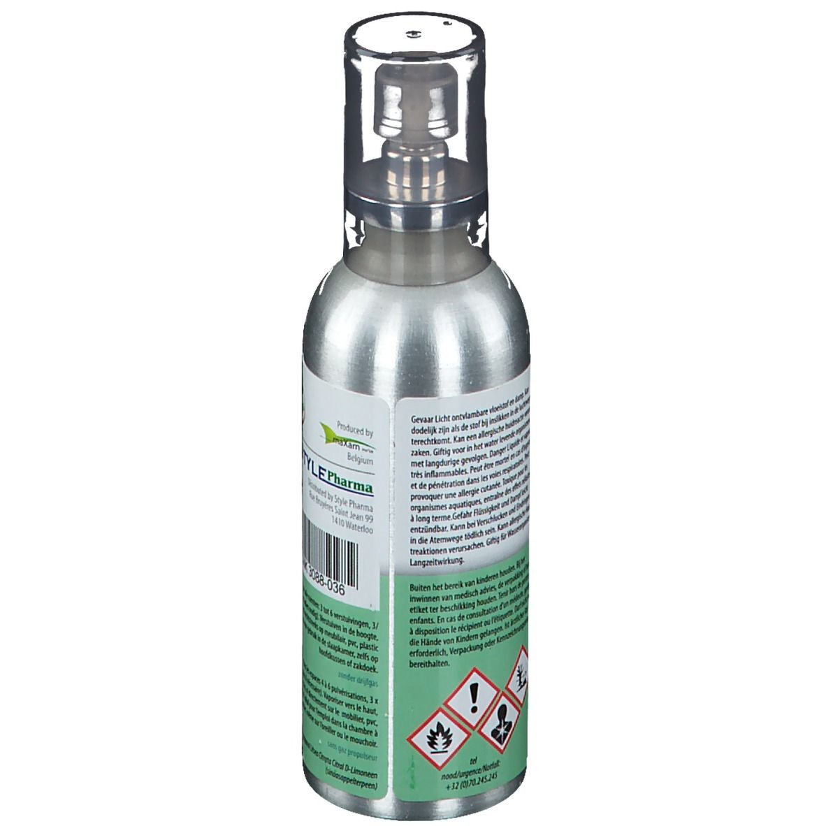Flacon spray argenté Sanodor Zitronen-Mix avec étiquette verte. Texte et symboles de danger.