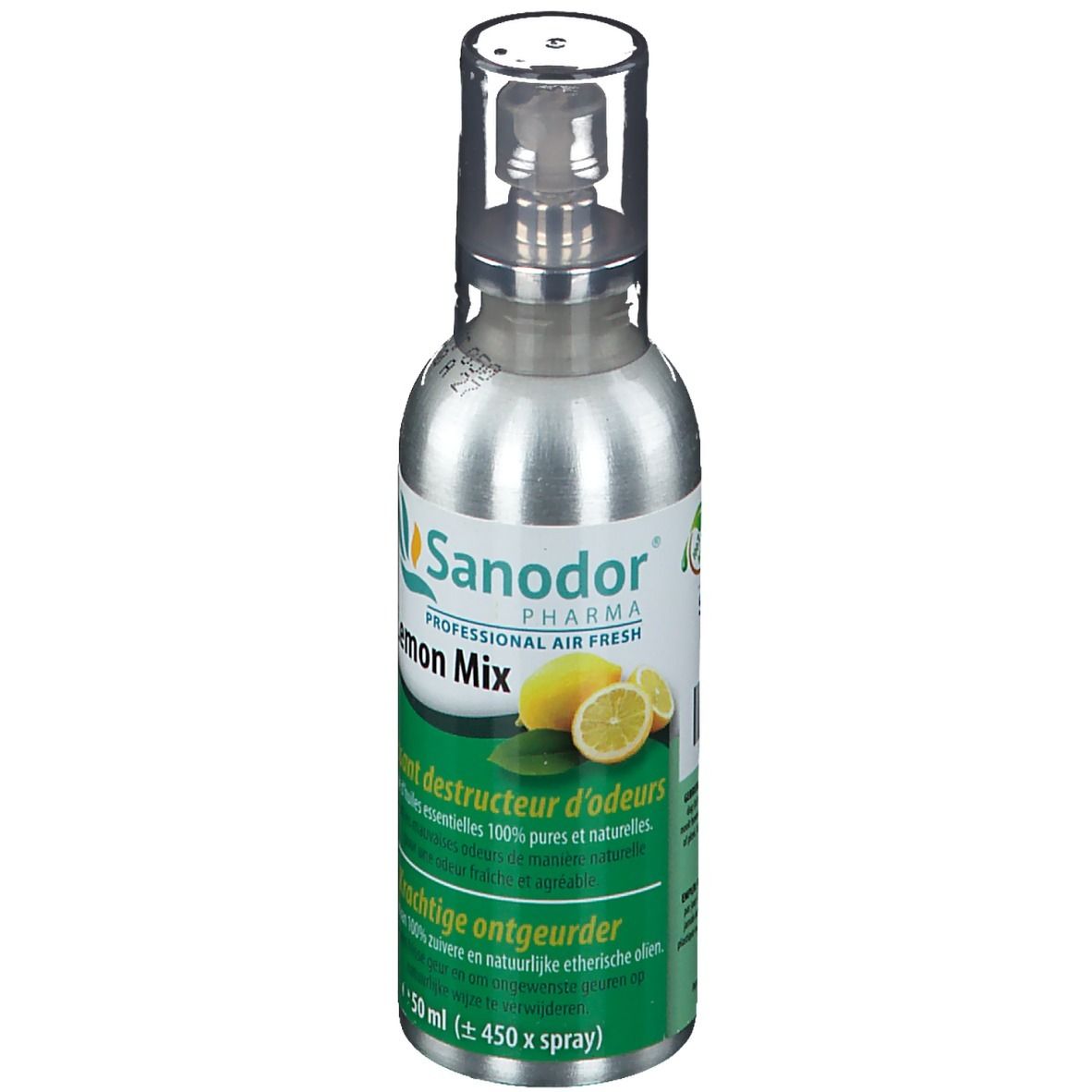 Flacon spray argenté Sanodor Zitronen-Mix avec étiquette verte. Illustration de citron et texte.