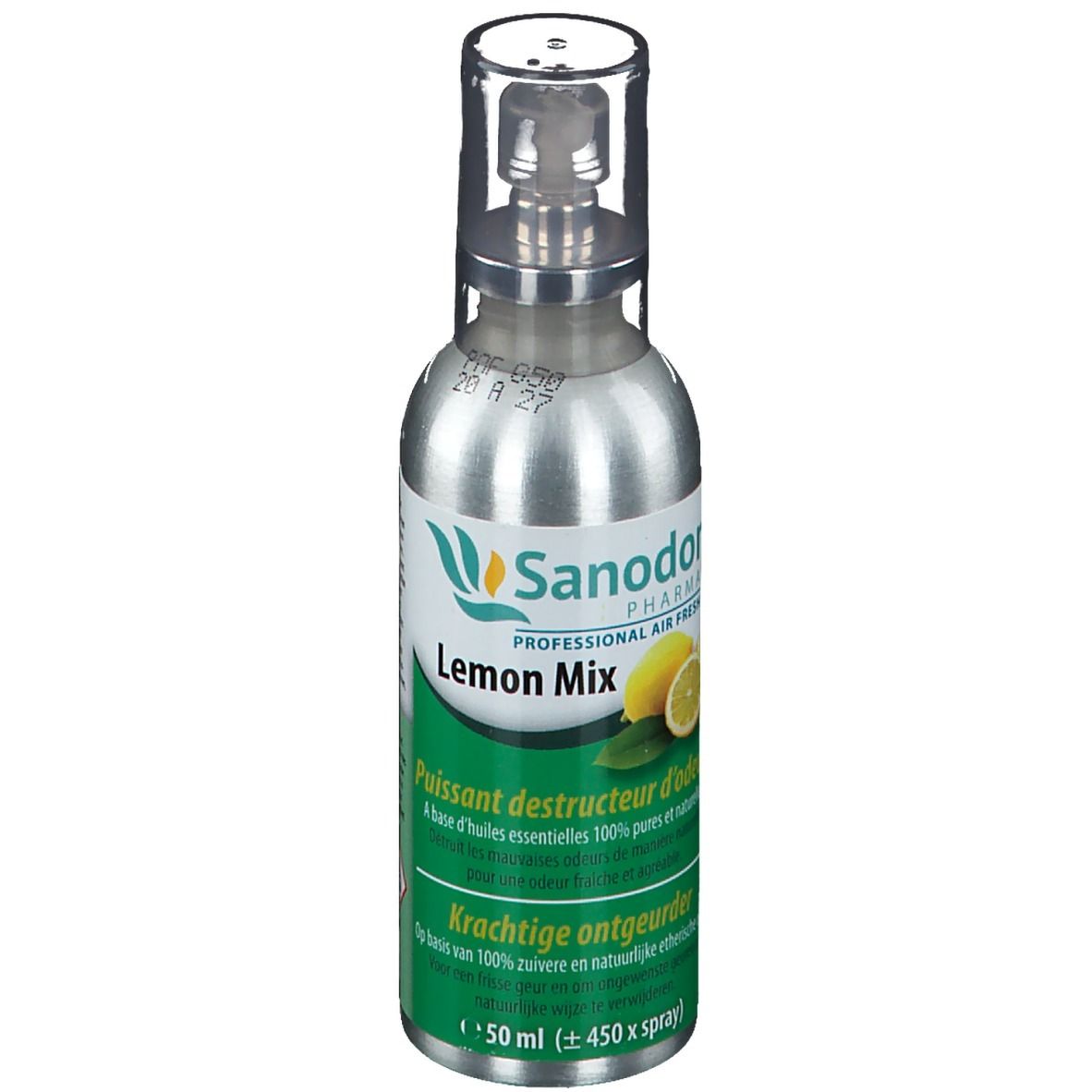 Flacon spray argenté Sanodor Zitronen-Mix avec étiquette verte. Illustration de citron et texte.