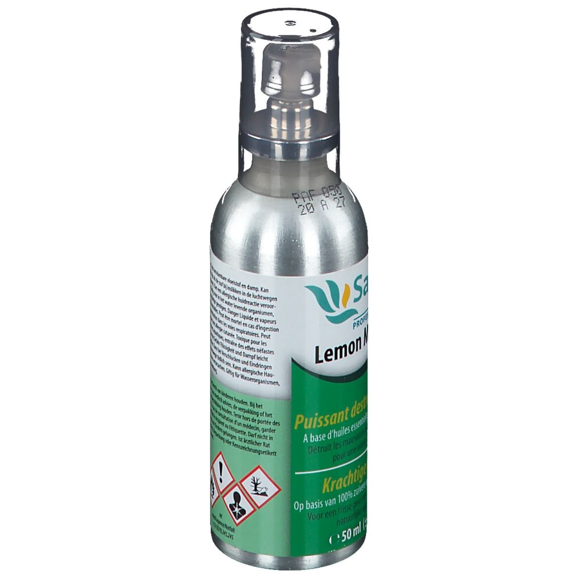 Flacon spray argenté Sanodor Zitronen-Mix avec étiquette verte. Texte et symboles de danger.