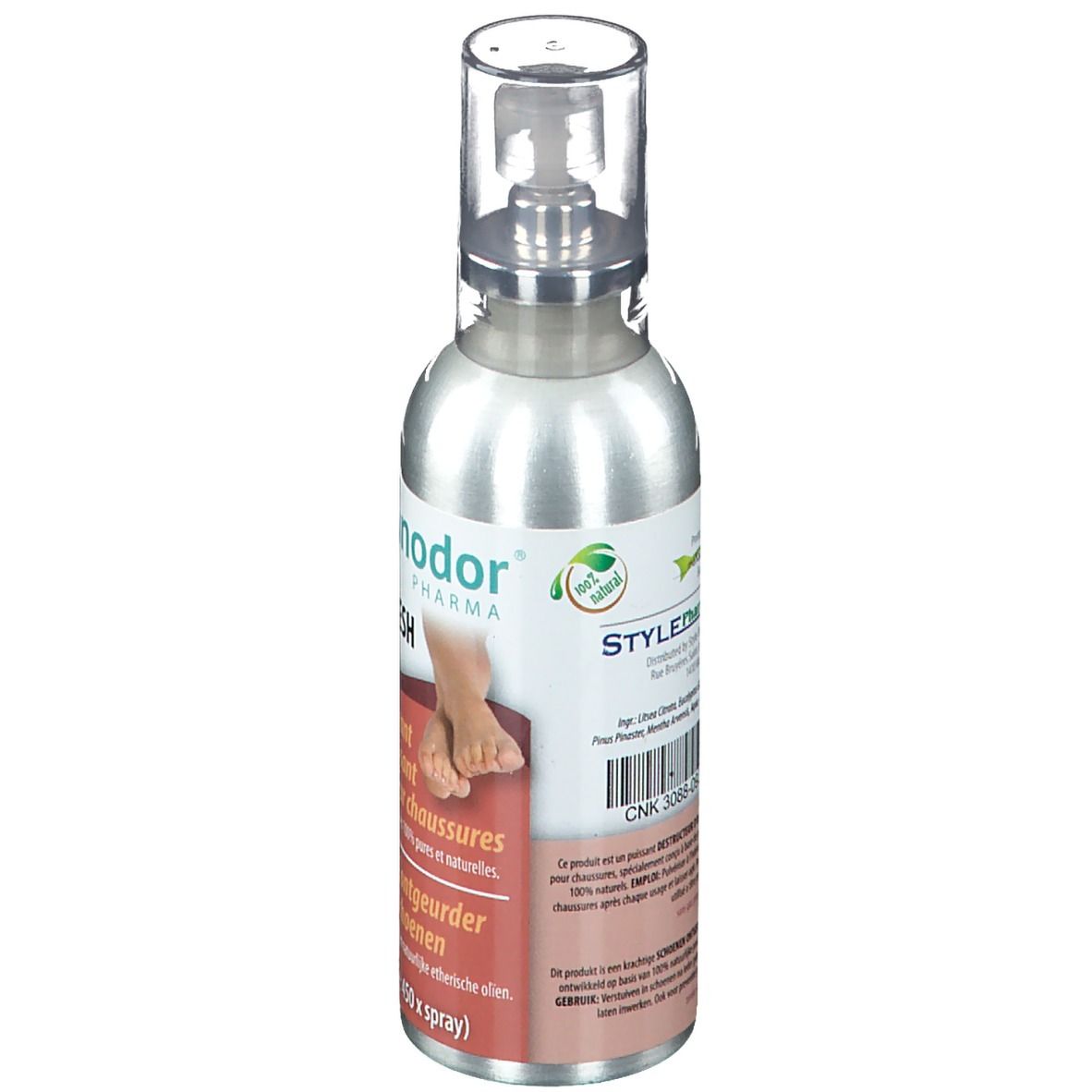 Silberne Sprühflasche mit transparentem Deckel. Aufschrift: Styler Pharma. Text in Deutsch, Französisch und Niederländisch. Mit CNK-Code.