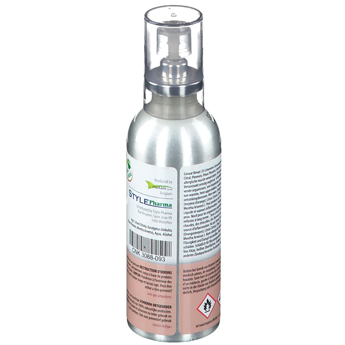 Rückseite einer silbernen Sprühflasche mit transparentem Deckel. Text in Deutsch, Französisch und Niederländisch. Mit Gefahrensymbolen.
