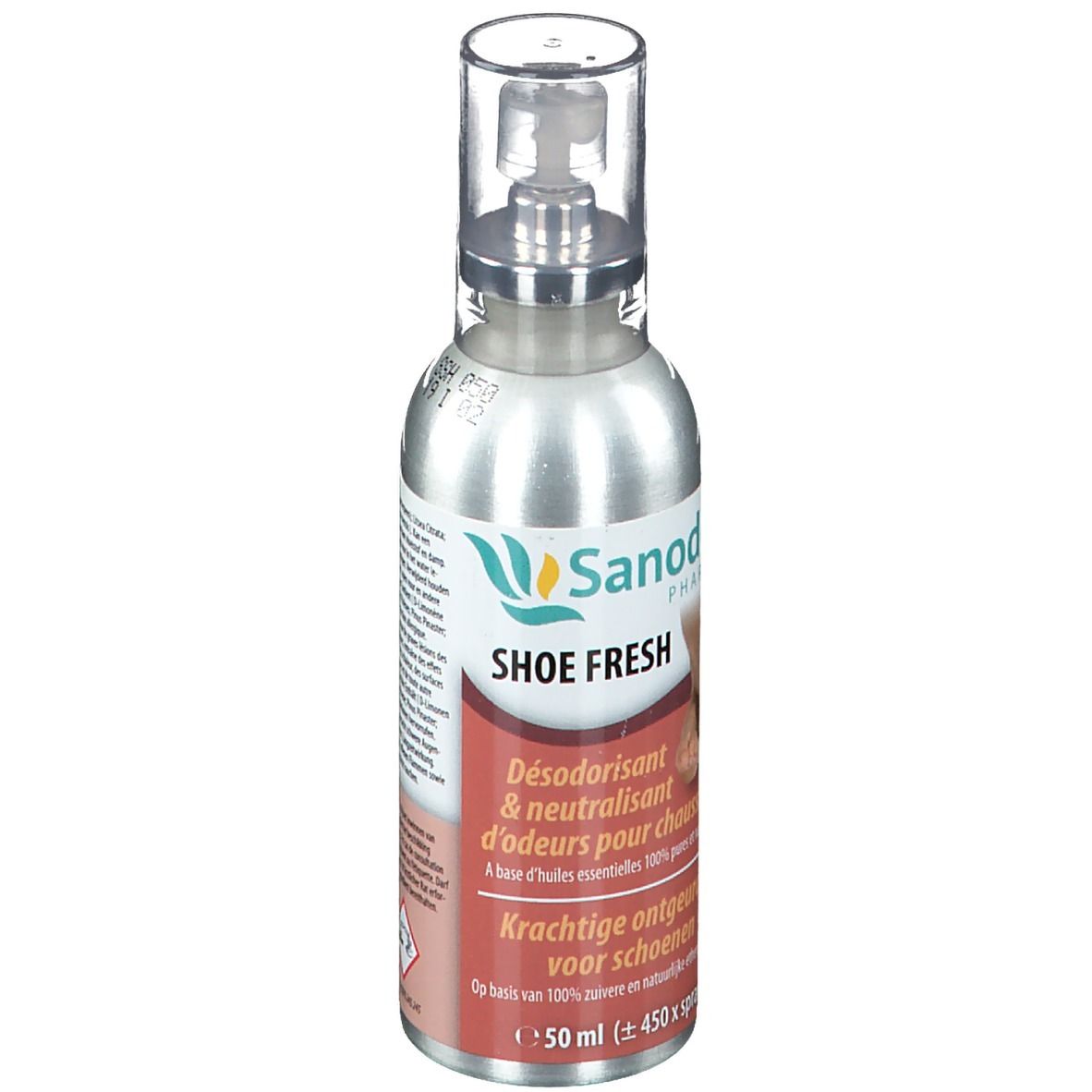 Silberne Sprühflasche mit transparentem Deckel. Aufschrift: Sanodor Pharma, Shoe Fresh. Text in Deutsch, Französisch und Niederländisch.