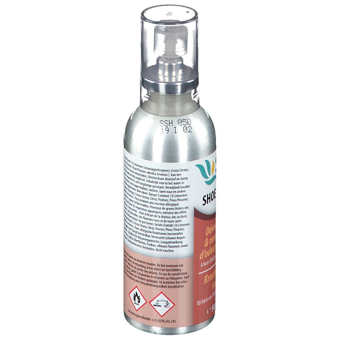 Silberne Sprühflasche mit transparentem Deckel. Aufschrift: Sanodor Pharma, Shoe Fresh. Text in Deutsch, Französisch und Niederländisch. Mit Chargennummer.
