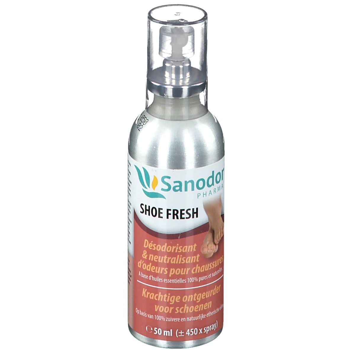 Silberne Sprühflasche mit transparentem Deckel. Aufschrift: Sanodor Pharma, Shoe Fresh. Text in Deutsch, Französisch und Niederländisch.