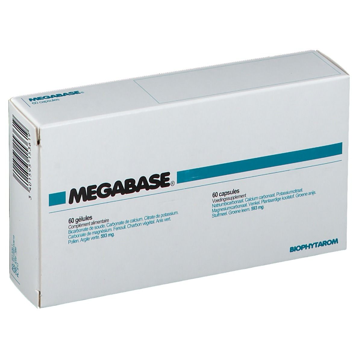 Witte doos "MEGABASE" met 60 capsules. Ingrediënten en Biophyta-logo. Tekst in het Frans.