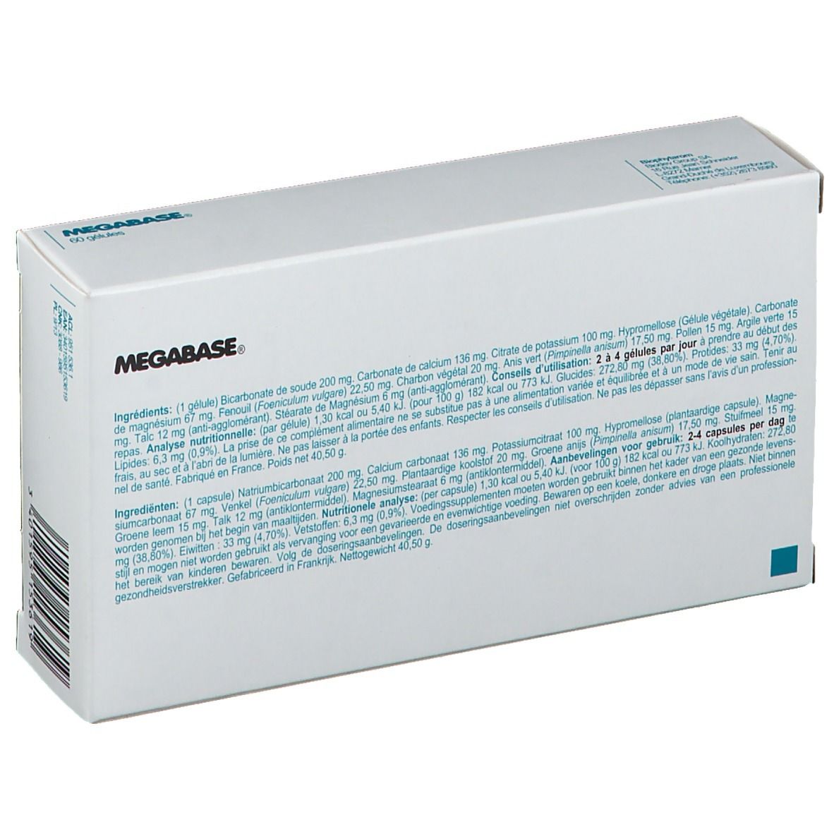Achterkant van de doos "MEGABASE". Ingrediënten, voedingswaarde en fabrikant.