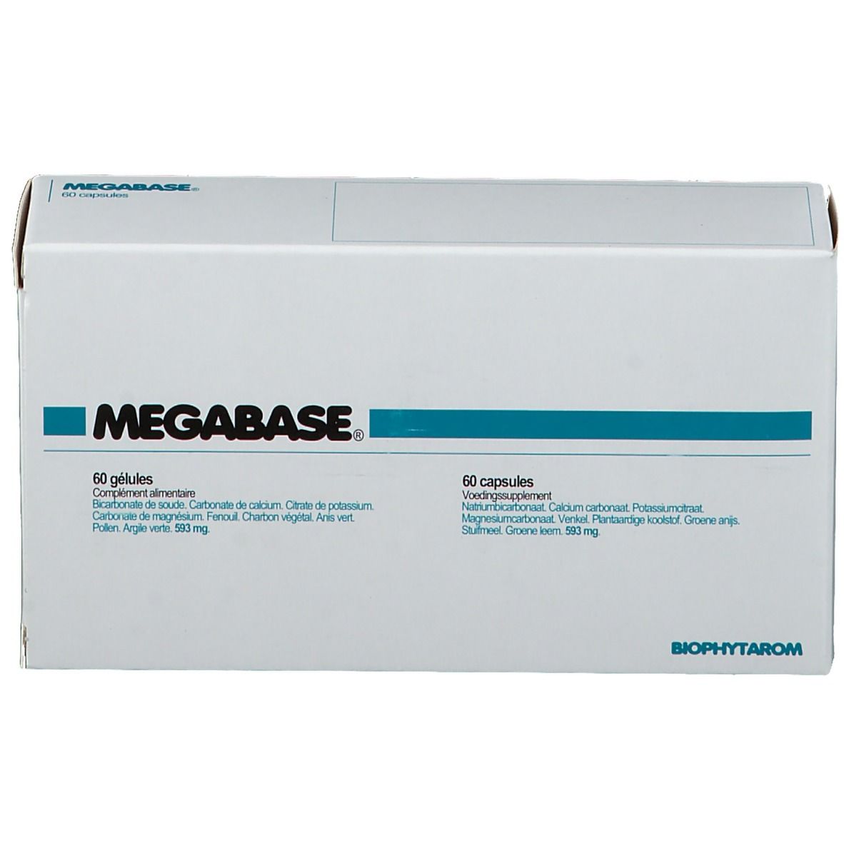 Witte doos "MEGABASE" met logo en 60 capsules. Ingrediënten en Biophyta-logo.