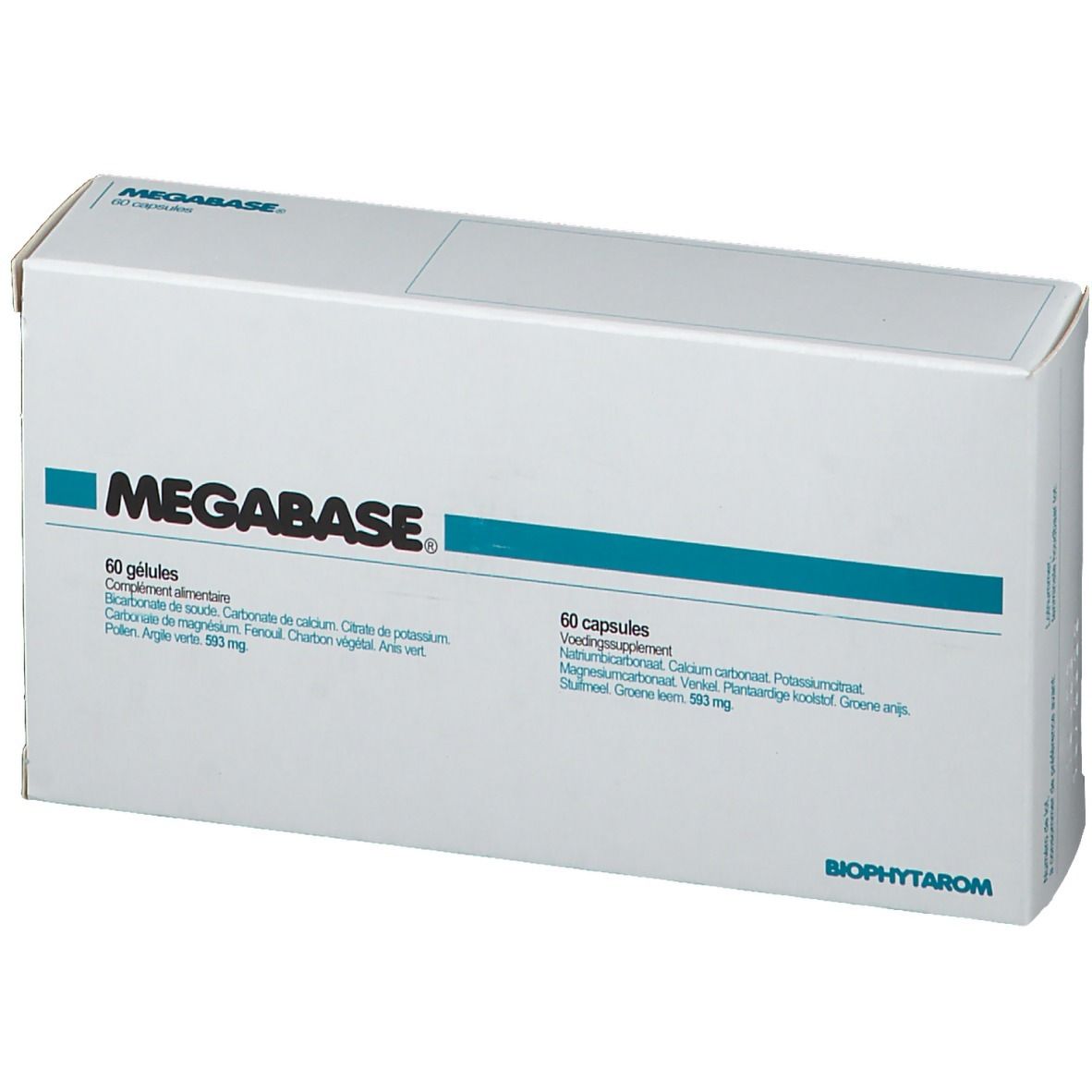 Witte doos "MEGABASE" met logo en 60 capsules. Ingrediënten en Biophyta-logo.
