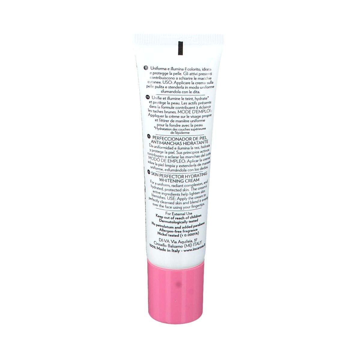 Dos du tube. Texte multilingue. Contient des informations sur l'utilisation et les ingrédients. Couleurs rose et blanc.