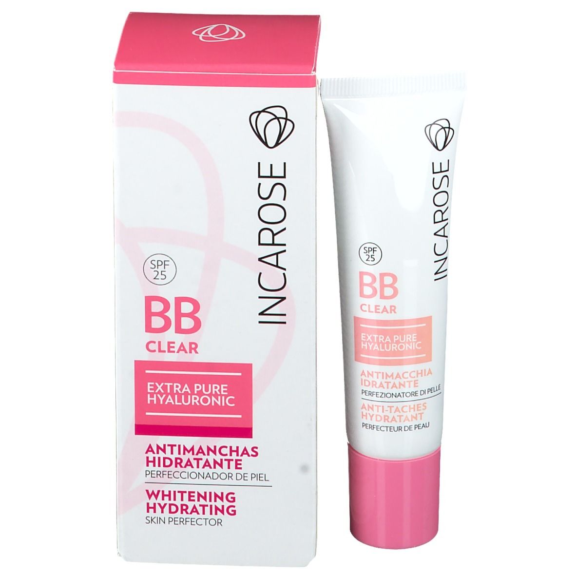 Emballage et tube. Emballage: blanc avec couvercle rose. Inscriptions: INCAROSE, BB Clear, Extra Pure Hyaluronic, SPF 25. Tube à côté.